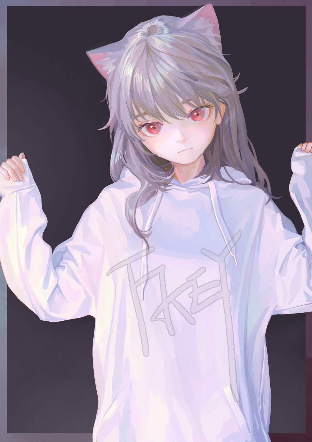an anime girl with grey hair and cat ears, wearing a white hoodie, is standing against a dark background. the hoodie has text on the front. the girl has red eyes and is drawn in a cartoon style.
