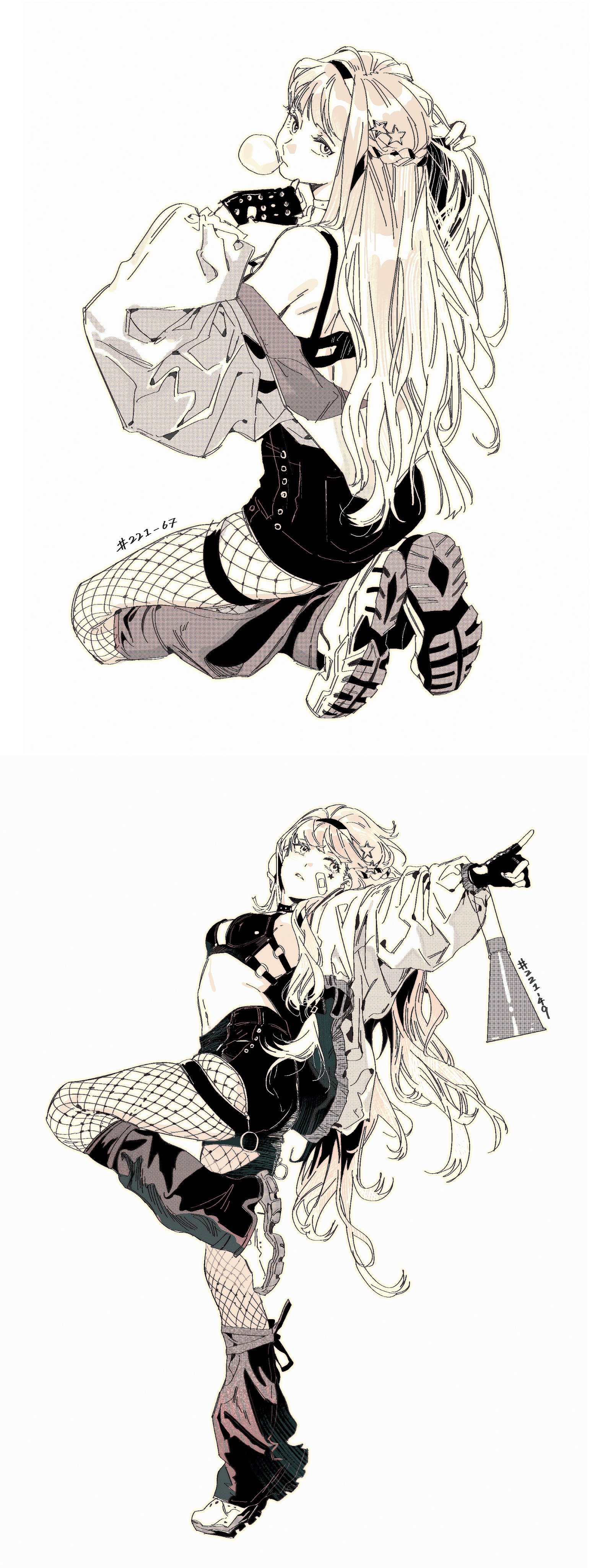 the image features two anime girls in black and white, one with long hair and wearing a long black jacket and boots, the other with shorter hair and a black jacket and boots. the girl in the top of the image is posing in a seated position, while the girl in the bottom of the image is posing with one leg bent and the other leg extended, with her hair flowing behind her. both girls are drawn in an anime style and have a cool and stylish look. the artwork is black and white and done with a lot of details, and it looks like a piece of manga or illustration. the artist has captured the characters' personalities and styles through their poses and clothing.
