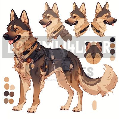 a fullbody illustration of a german shepherd character design. the dog is tan and brown with black accents. it wears a dark grey harness and saddlebags. the image includes a color palette and additional head views of the dog.