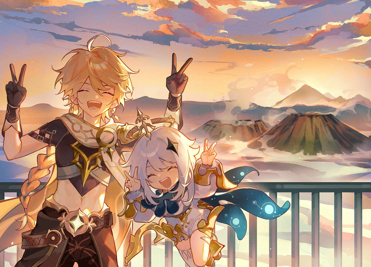this is a digital art piece that features two anime characters, a boy and a girl, standing on a balcony overlooking a mountain landscape. the boy has blonde hair and is wearing a brown and gold outfit. the girl has purple hair and is wearing a white and gold outfit. they are both smiling and making peace signs with their hands. the background features mountains, clouds, and a sunset sky. the art style is vibrant and colorful, with a cartoonish feel.