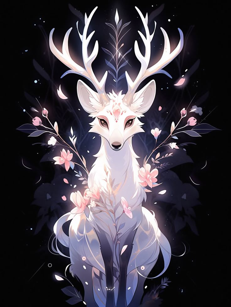 the image depicts a white deer in a fantasy style, surrounded by flowers and glowing elements against a dark background. the deer has large antlers and is adorned with delicate pink flowers. the illustration has an ethereal and mystical feel, with a sense of magic and elegance. petals and leaves float around the deer, enhancing the dreamy atmosphere.