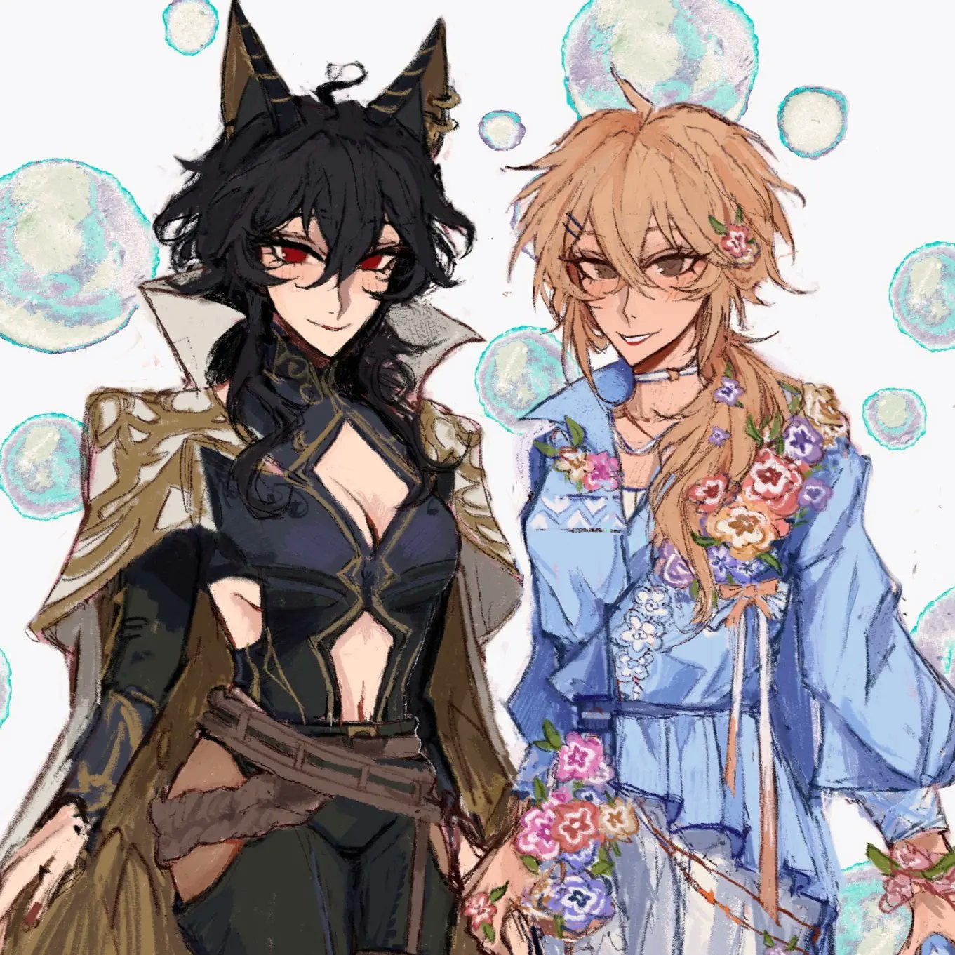 the image is a digital fanart depicting two animestyle female characters standing side by side.  one character has long black hair with cat ears and is dressed in a dark, elegant outfit with gold accents and a long cape. the other character has long blonde hair adorned with flowers and wears a light blue, floraldecorated, casual outfit. both are beautifully rendered with soft colors and intricate details, set against a backdrop of floating bubbles, giving a whimsical and dreamy feel to the illustration.  the characters appear friendly, perhaps suggesting a close relationship like friends or sisters. the artistic style is soft and painterly, with visible brush strokes adding to the overall charm of the piece.