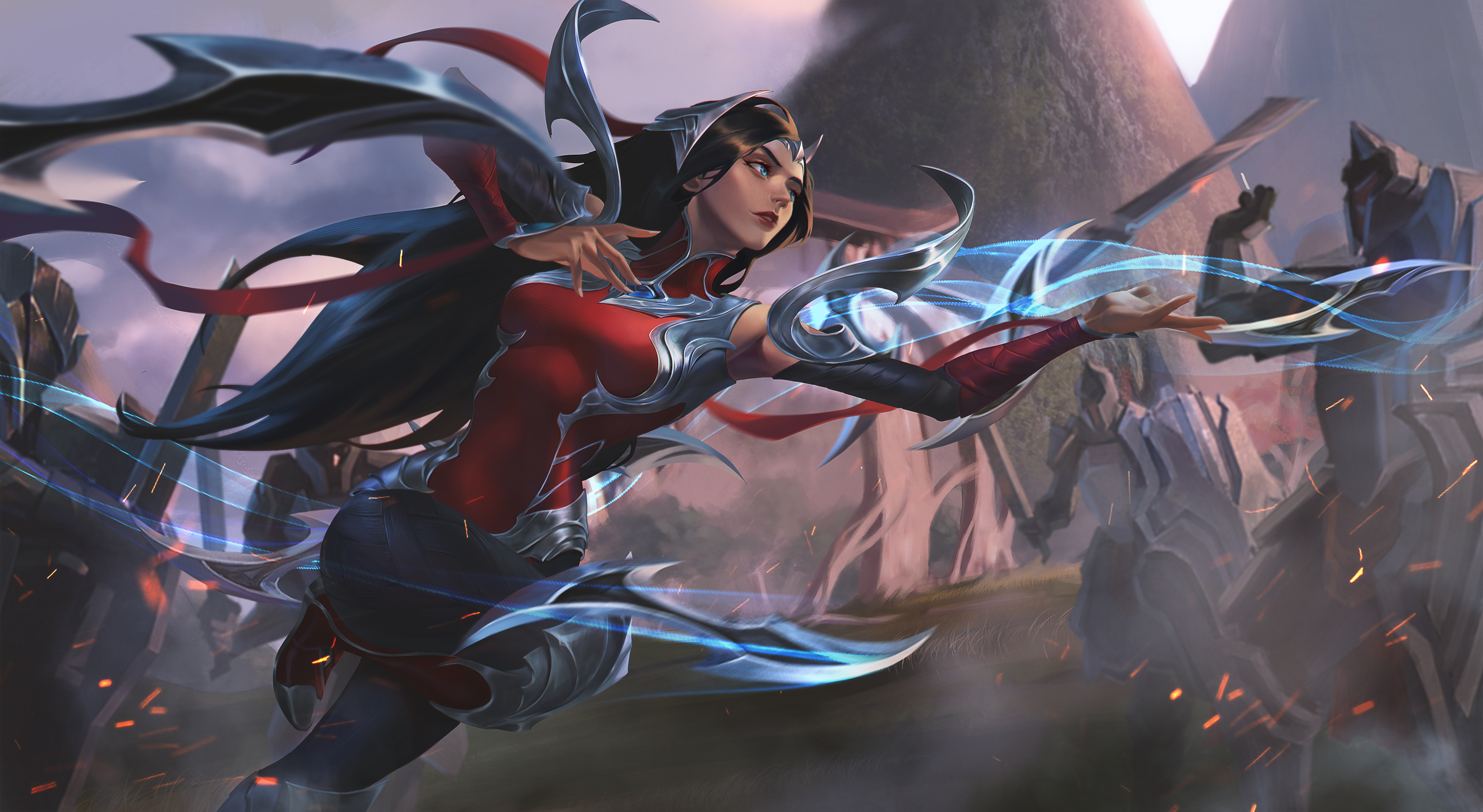 a fierce, animestyle warrior woman, clad in red armor and wielding a blue energy sword, charges into battle, her long black hair streaming behind her as she unleashes a powerful attack.