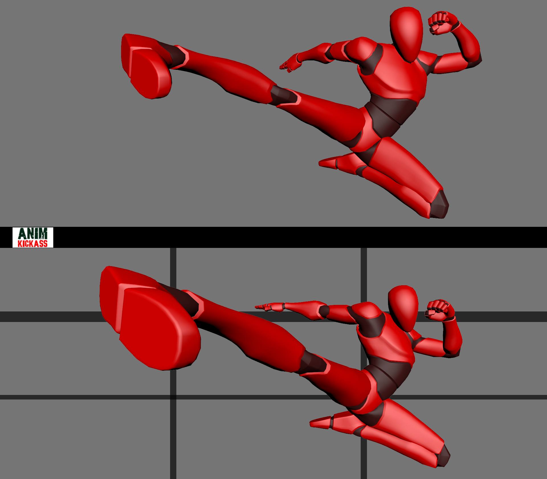 the image shows two 3d rendered red mannequins in a dynamic action pose, performing a kick. the mannequins are in different positions, as if showing a sequence of the kick movement. the background is a simple grey with a black horizontal and vertical grid. the text "anim kickass" is visible in the bottom left corner.