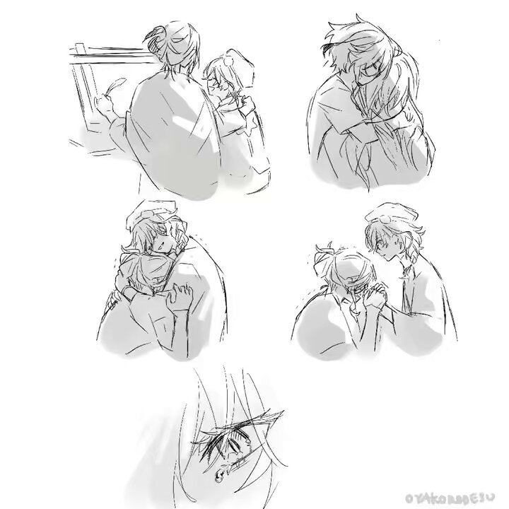 this is a black and white drawing that depicts multiple scenes of anime characters interacting with each other. in the top left corner, two characters are shown drawing together. on the top right corner, two characters are shown hugging each other. in the bottom left corner, two characters are shown hugging each other while the one in the back has their head rested on the other person's shoulder. in the bottom right corner, two characters are shown hugging each other while the one in the front has their hand on the other person's back. in the center bottom, there is a close up of one character's eye while they are crying. the drawing is done in a loose, sketchy style.