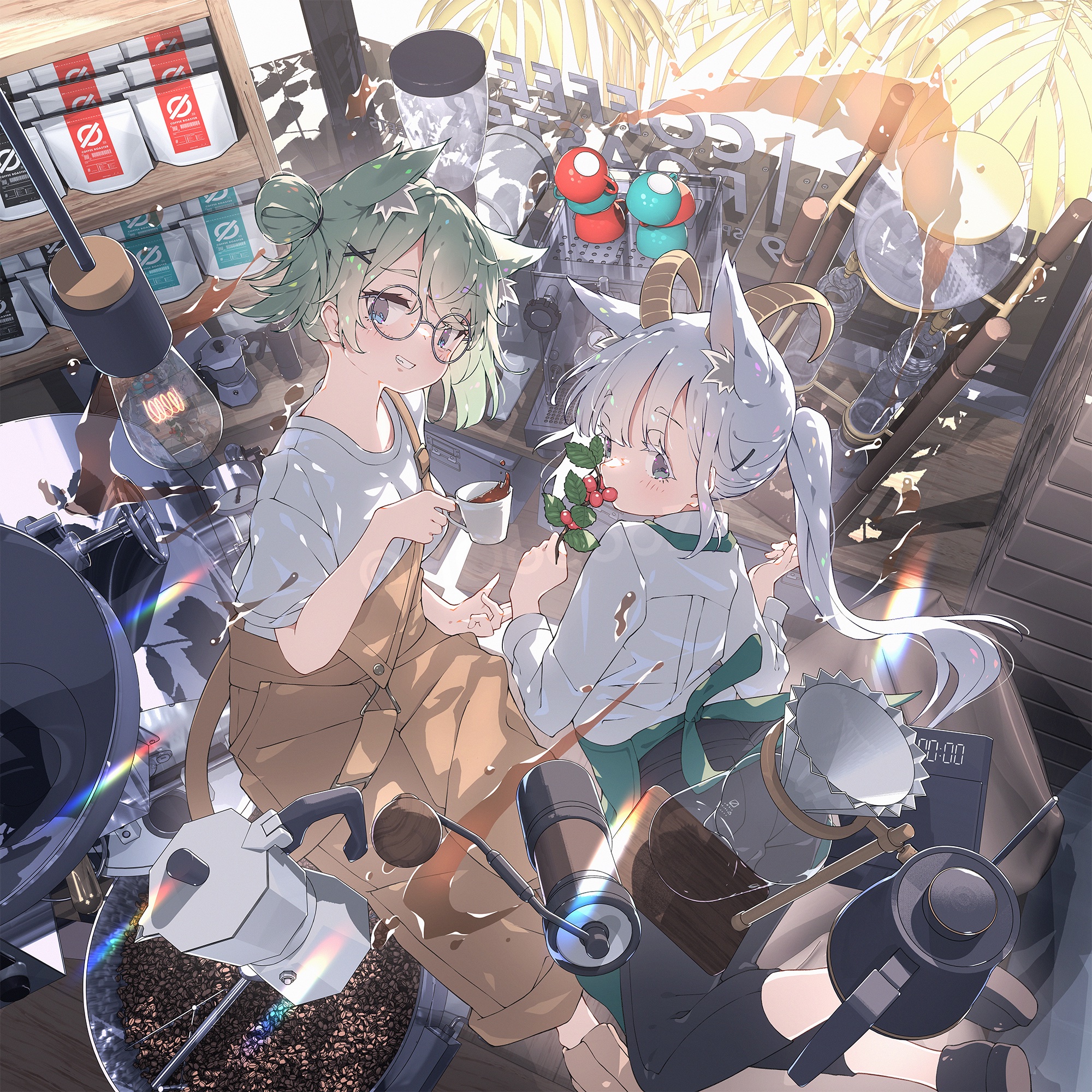 two girls are working at a brightly lit, whimsical coffee shop on a summer day.  the shop is decorated with plants and overflowing with coffeemaking gadgets. one girl with green hair and glasses is handing a cup of coffee to a girl with white hair and goat ears.