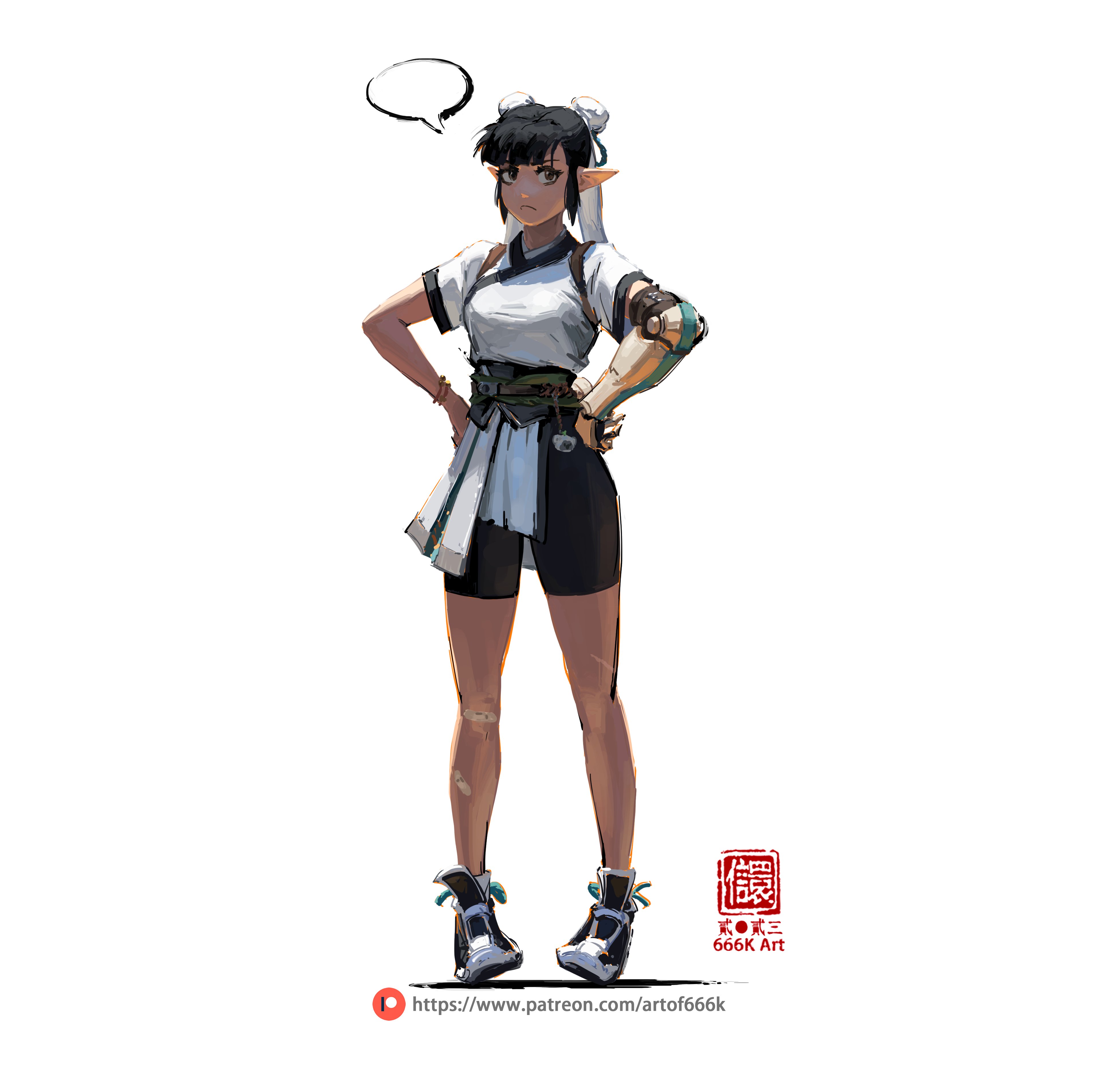 the image showcases a digital painting of a young animestyle female character.  she has brown skin, dark hair styled in a bob with small buns, and pointed elflike ears. she's wearing a casual outfit consisting of a white shirt, dark shorts, and what appears to be a type of protective gear or a prosthetic arm. her expression seems slightly pensive or thoughtful, indicated by a thought bubble above her head.  she's standing with a slight attitude in a full body pose against a plain white background. the artist's watermark and patreon link are visible in the bottom right corner. the overall style blends fantasy and scifi elements.