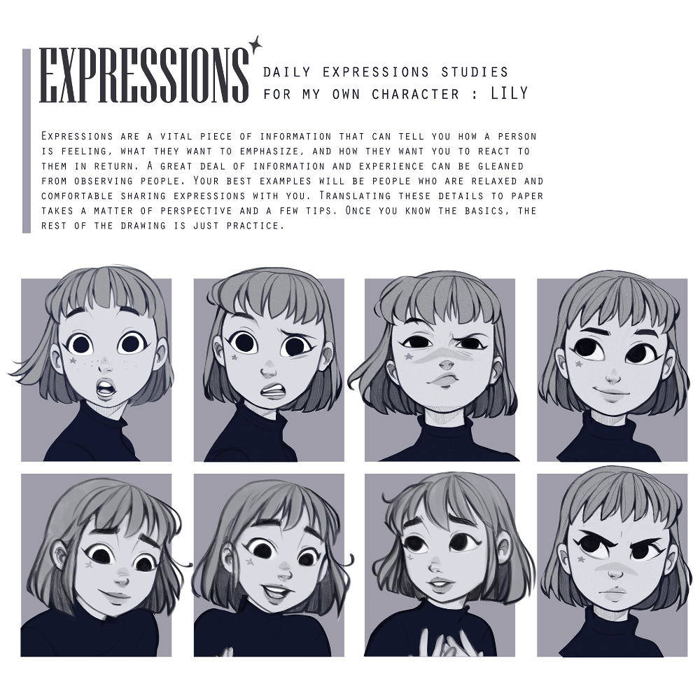 this is a black and white image that shows expression studies of a character named lily. it shows 9 different facial expressions of lily.