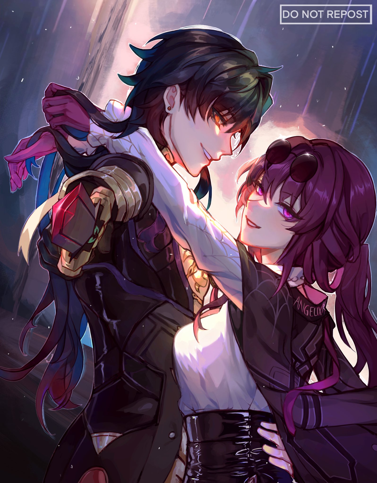 this image depicts a romantic scene between two anime characters. the male character is standing behind the female character, and he is looking at her with an expression of love. the female character is looking back at him with a smile. their bodies are close together, and their hands are intertwined. the scene is set at night, and the background is filled with stars. the image is full of color and light, and it conveys a sense of happiness and love.