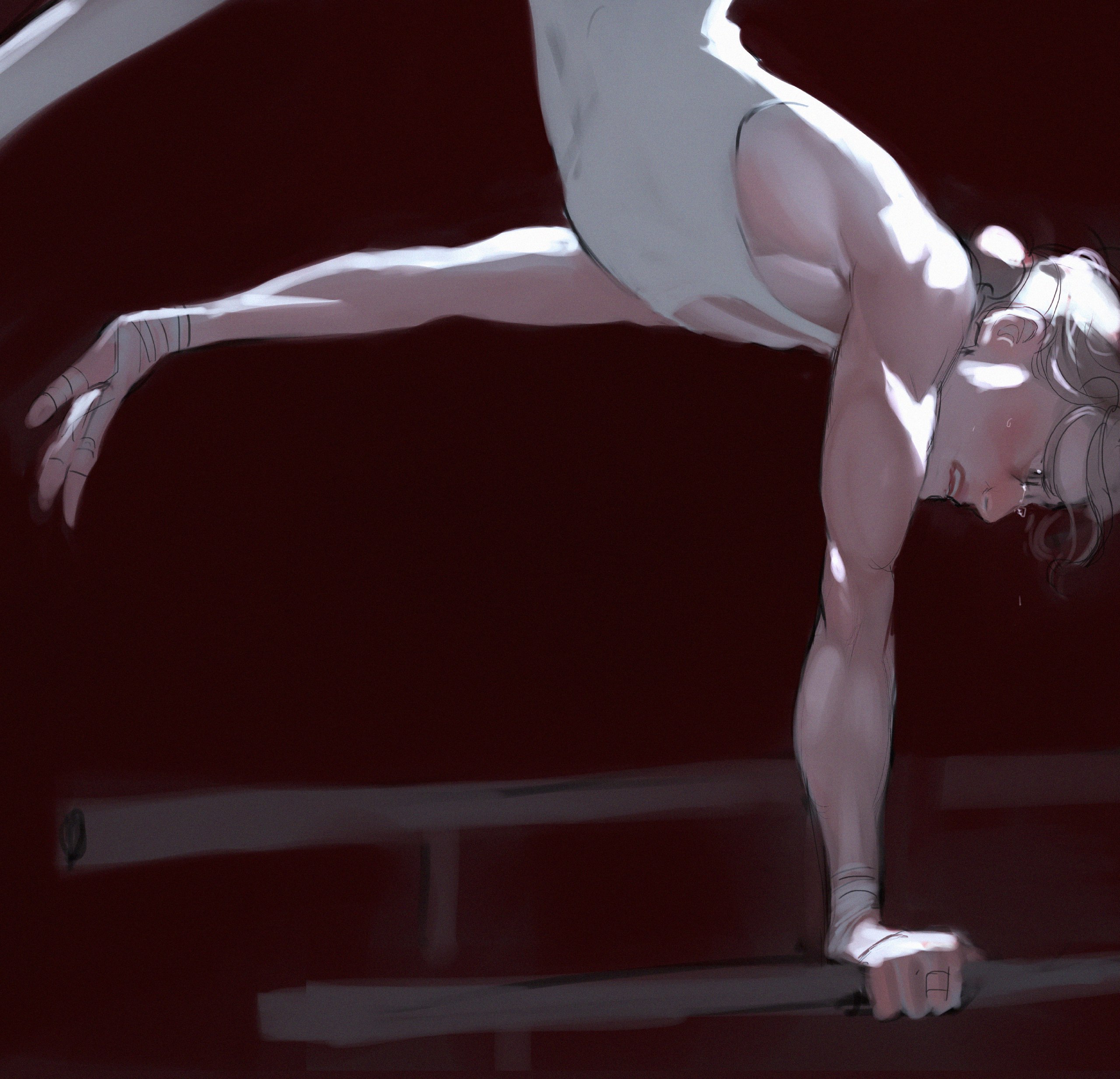 a male gymnast is captured midair in a dynamic and powerful pose on the parallel bars. the lighting is dramatic, highlighting the athlete's muscles and the intensity of the moment.