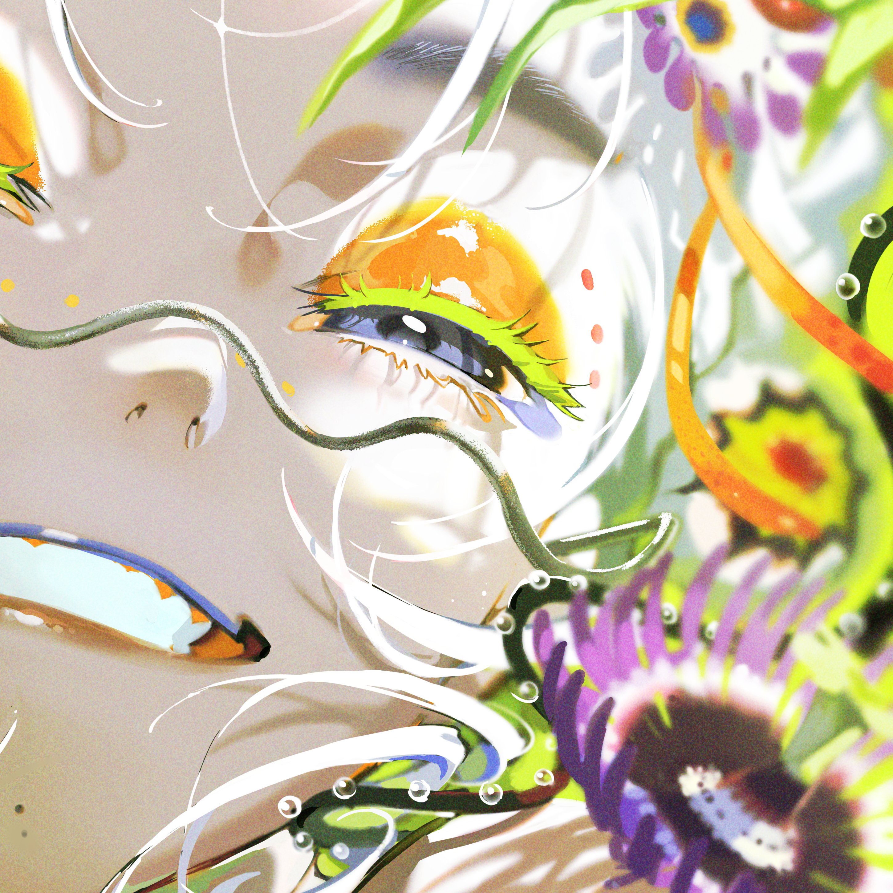 this is a closeup, stylized portrait of a woman's face partially submerged in water.  she has white hair, brightly colored eyeshadow in yellow, blue, and green, and a serene smile.  vines and colorful flowers, resembling passionflowers, surround her face, and bubbles float around her.  the overall aesthetic is whimsical, dreamlike, and ethereal, with a vibrant color palette. the illustration style suggests digital art, likely influenced by anime and fantasy.