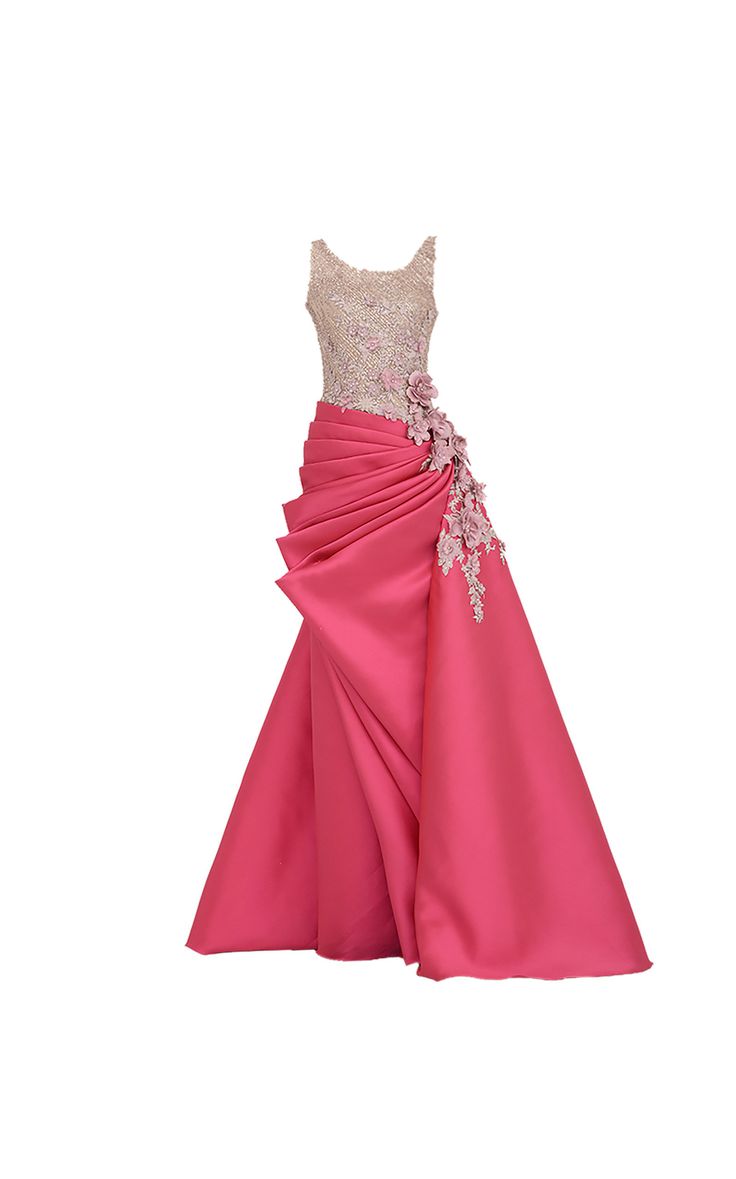 a pink sleeveless gown with a beige and pink lace bodice and a draped skirt is depicted.