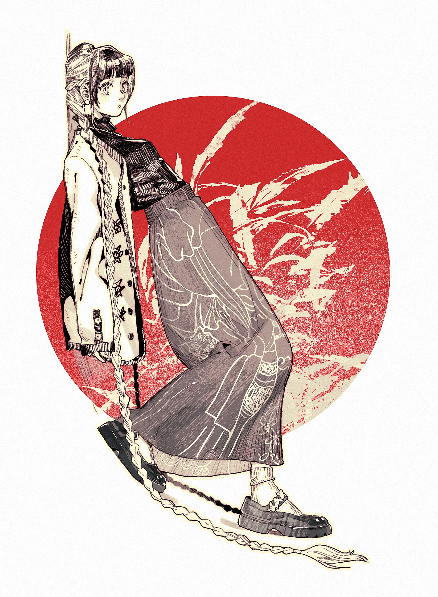an illustration of a woman standing in front of a red circle background, wearing a white jacket over a black shirt, a patterned gray skirt, long white braids that hang down to her feet and black shoes. the background has a red circle with a white floral design. the woman is looking away from the viewer.