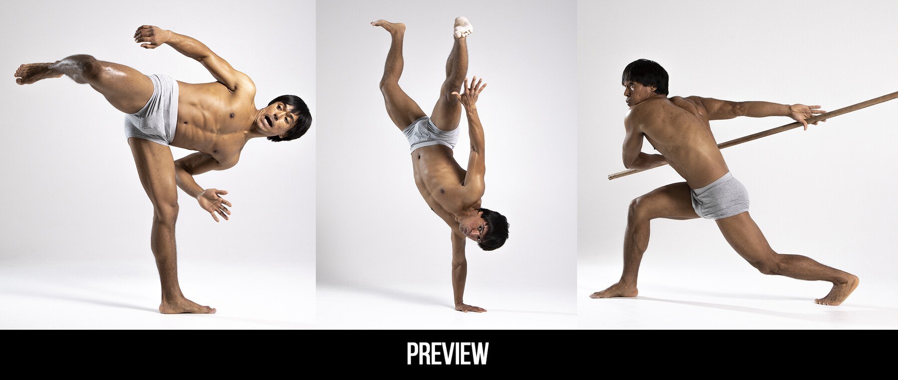 this is a photo collage of a man in three different poses. in the first pose, the man is performing a karate kick. in the second pose, the man is doing a handstand. in the third pose, the man is standing with a stick held across his chest. the man has a muscular build and he is wearing underwear. the background of the photos is white.