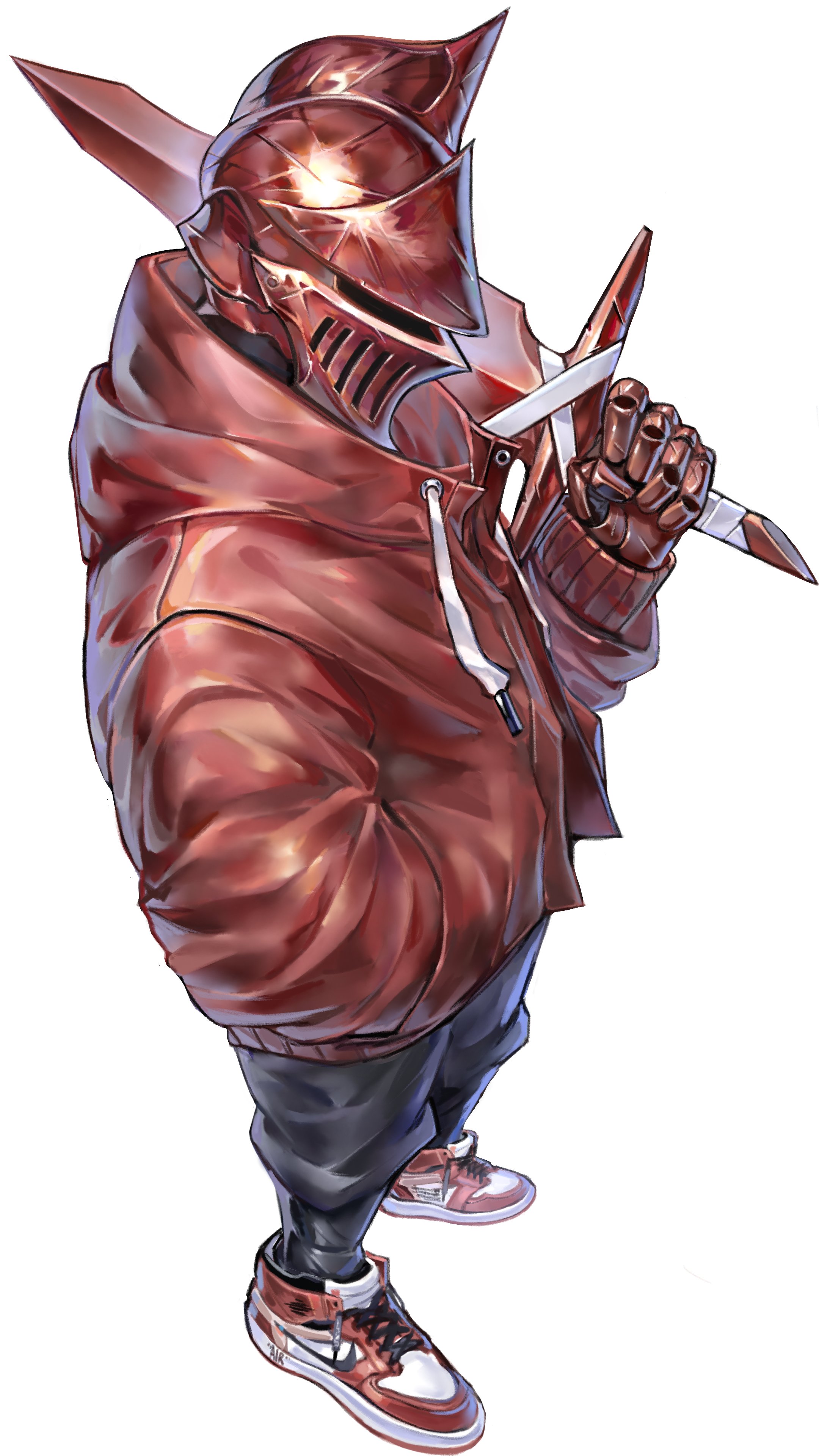 a digital illustration of a knight in stylized red armor. the knight wears a contemporary red hoodie and sneakers, blending fantasy and streetwear aesthetics. the figure holds a sword, its blade extending beyond the frame, and stands against a white background, emphasizing the character design. the artwork is likely concept art, possibly for a video game or comic book character.