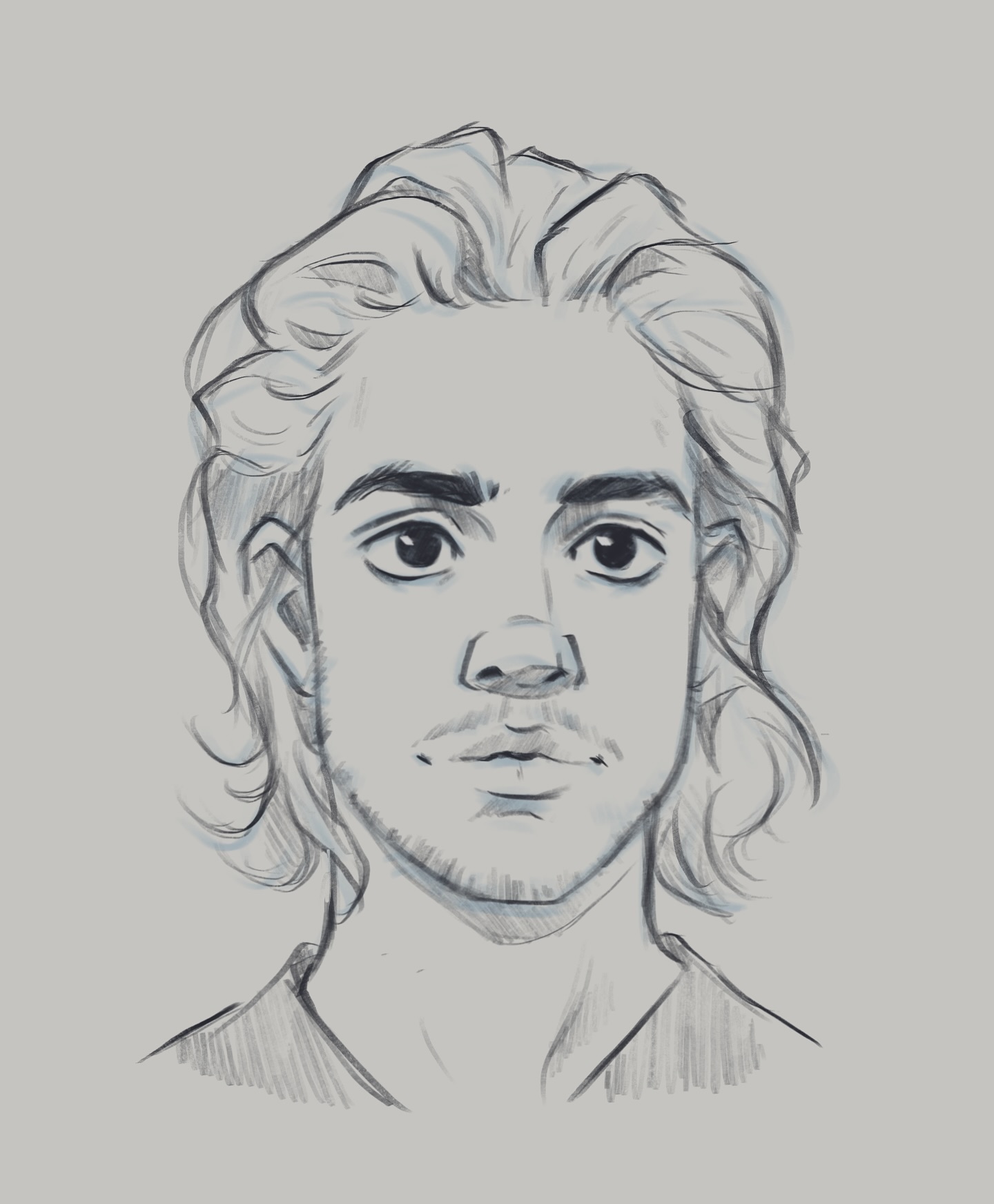 the image is a pencil sketch of a young man's portrait.  the style is semirealistic, with soft shading and slightly exaggerated features giving it a touch of cartoonish charm. the man has long, wavy hair that is loosely pulled back from his face. his expression is neutral, almost pensive. the sketch focuses on the head and shoulders, and the background is a simple, light gray.  the overall effect is both detailed and effortless, showcasing the artist's skill in capturing likeness with expressive lines and shading.