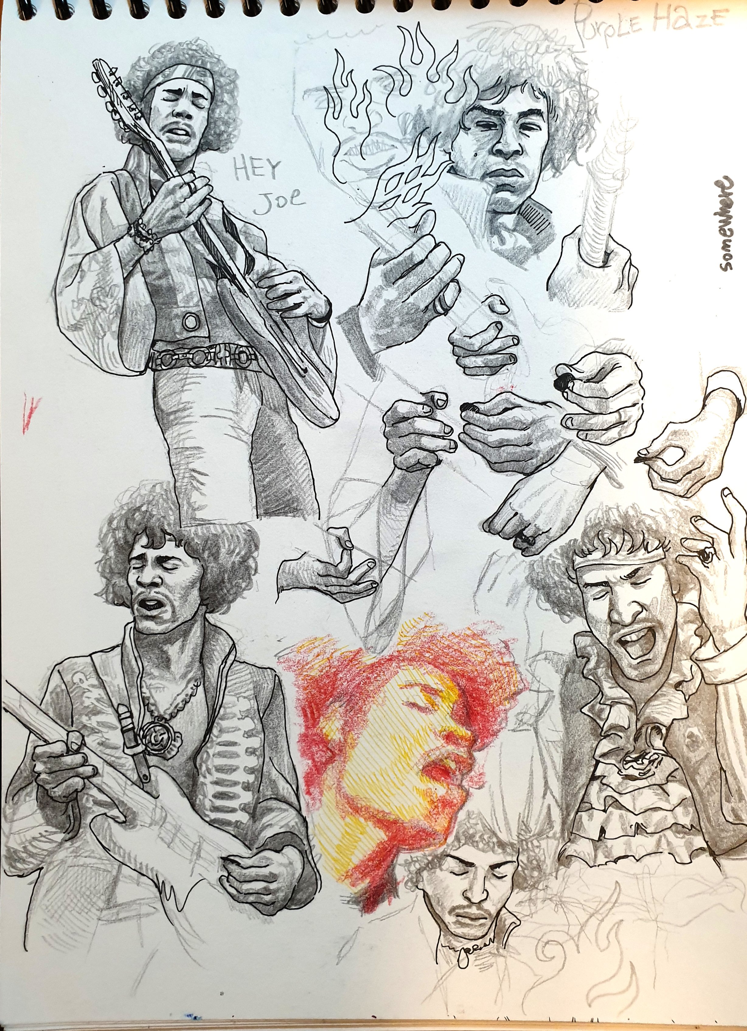 a pencil drawing of jimi hendrix in various poses, playing guitar, and making different hand gestures. the drawing is a collection of sketches that are put together, including a portrait of jimi's face, a hand with a flame burning, and a detailed sketch of jimi with a guitar and his hair flowing. the drawing is a tribute to the legendary musician.