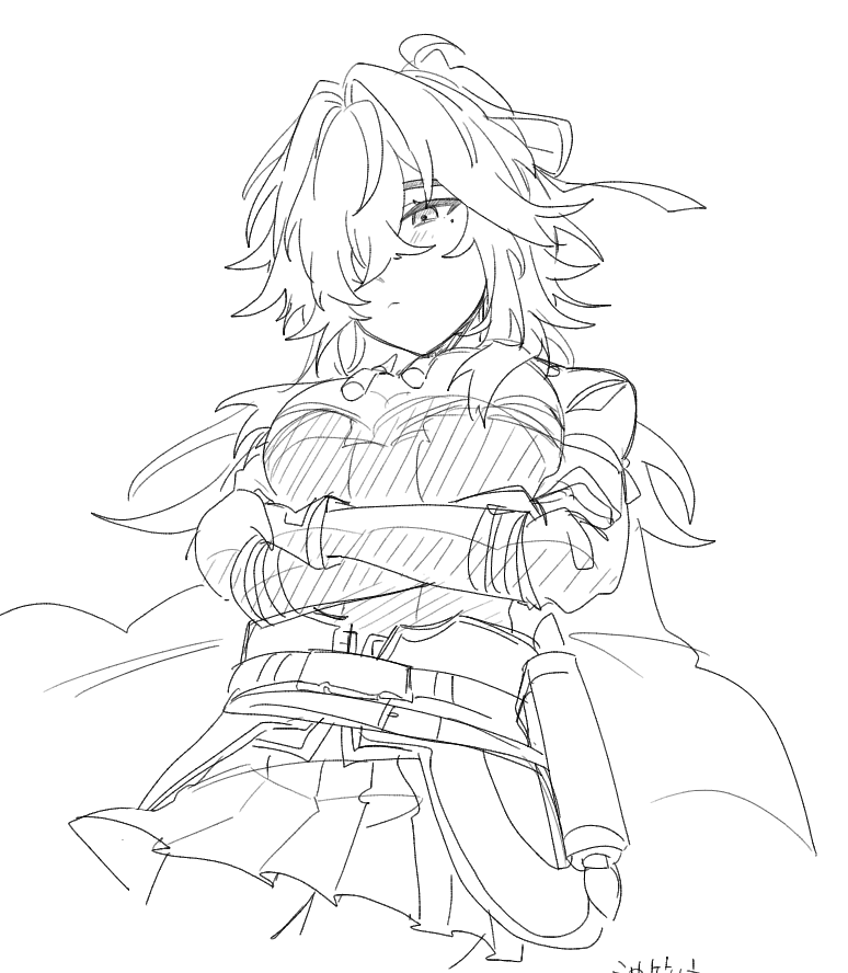 a sketch of a girl with long hair, her arms crossed and a sword hanging from her belt.