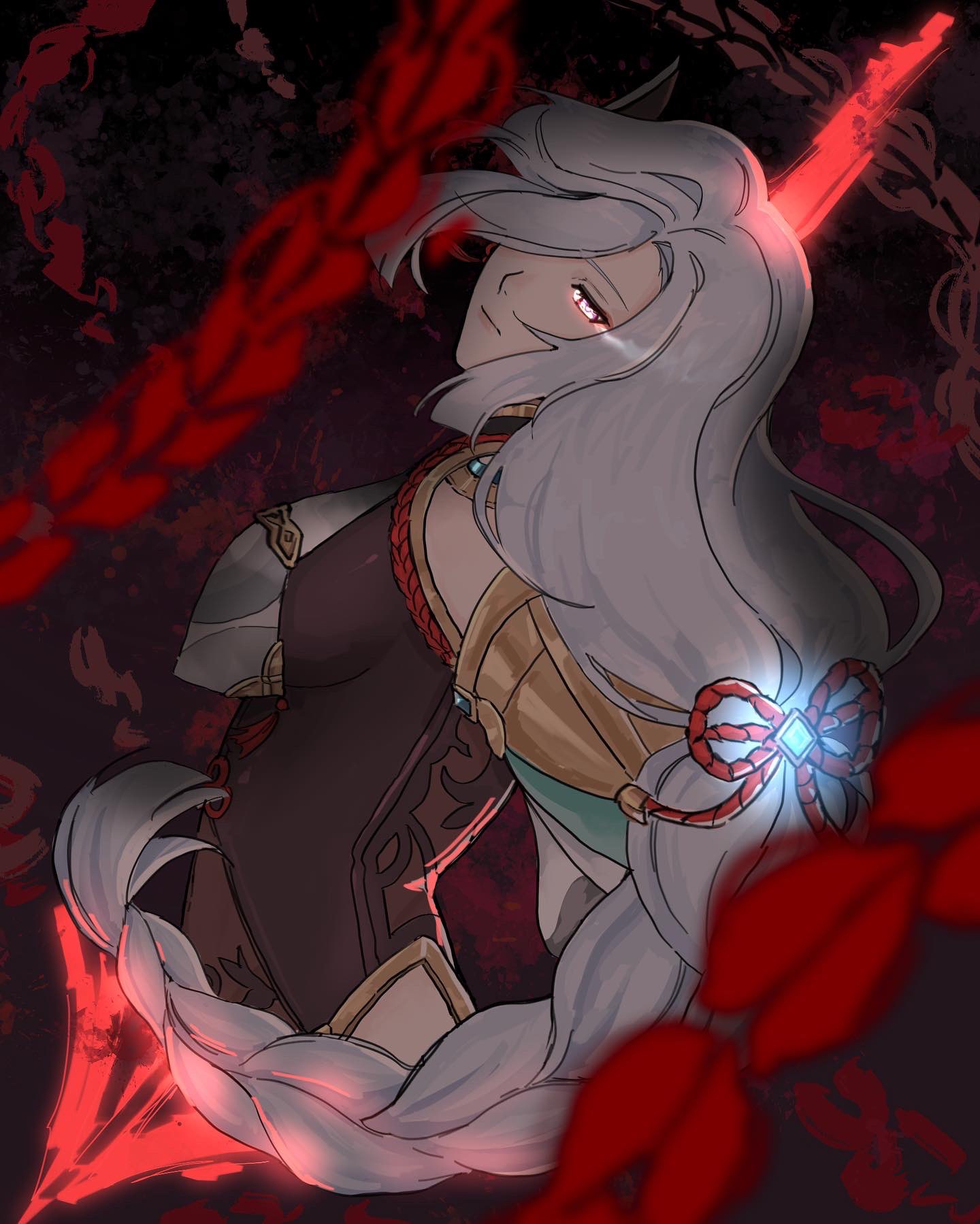 a digital illustration of the character raiden shogun from genshin impact. she is shown in a dramatic pose, with her head tilted back and her eyes closed. her white hair flows around her, and she is surrounded by red, glowing energy. the background is dark, creating a sense of power and mystery.
