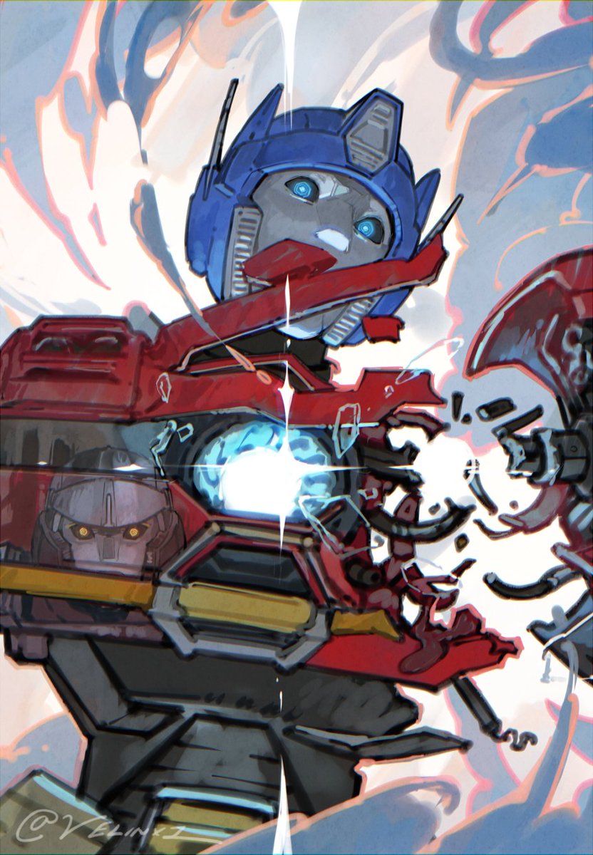 the image is a drawing of optimus prime, a character from the transformers franchise. he is a robot with a blue helmet and red armor, with a bright blue light emanating from his chest. there are mechanical parts exploding around him, and another robot's face is visible in the lower left corner of the image. the artwork style is similar to a cartoon or animation.
