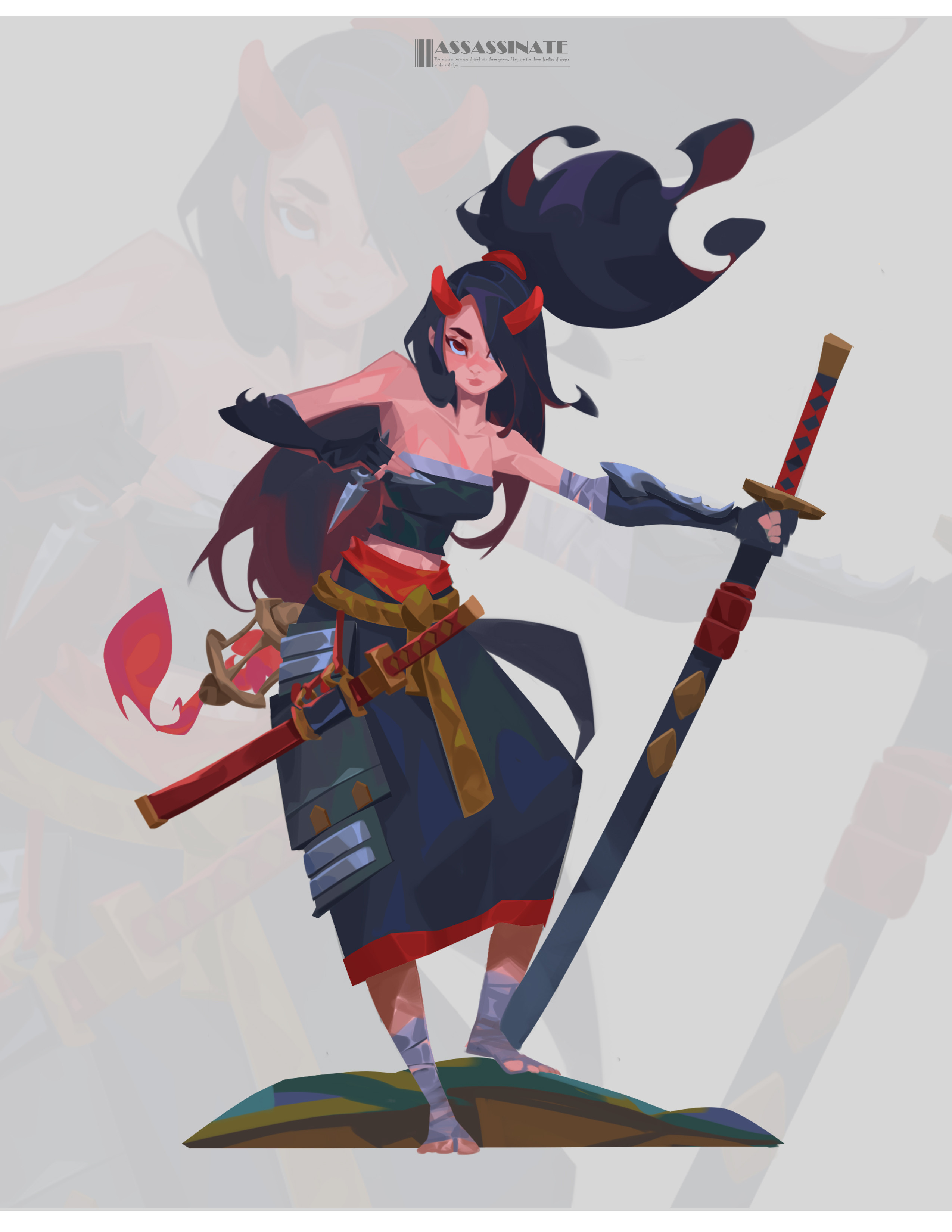 an illustration of a female samurai character with small red oni horns. she's wearing a dark tube top, hakama style pants, a red and yellow waist sash, and what appears to be an arm guard. she has long black hair styled in a ponytail. she holds a katana. the style is reminiscent of anime or stylized character design. the view is from a slightly low angle.