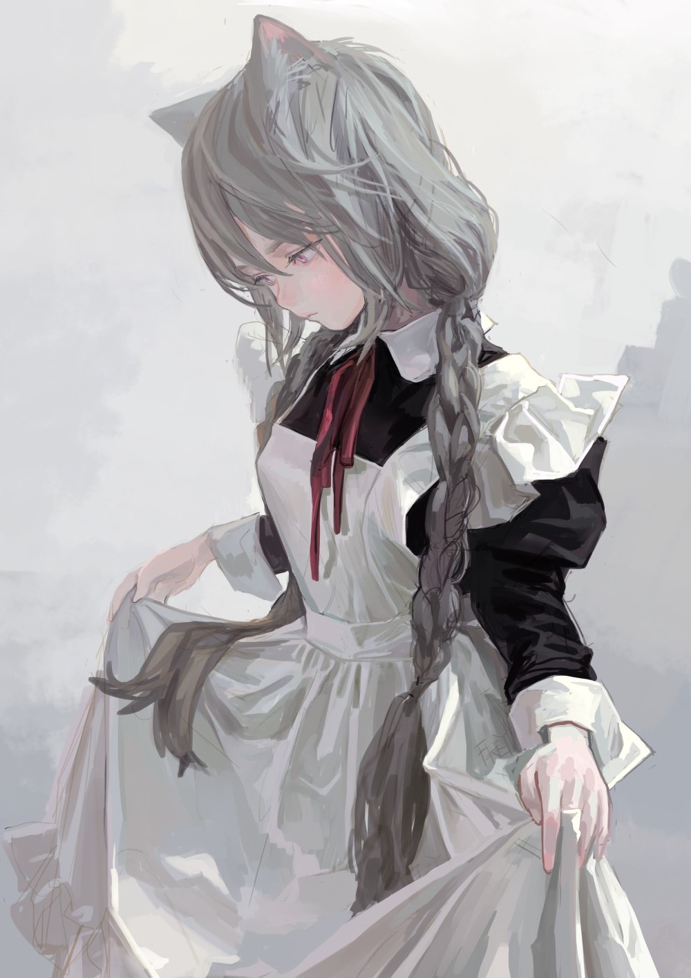 an anime girl with gray hair and cat ears is wearing a maid costume. she has two braids and is looking down. she is holding the edges of her dress.