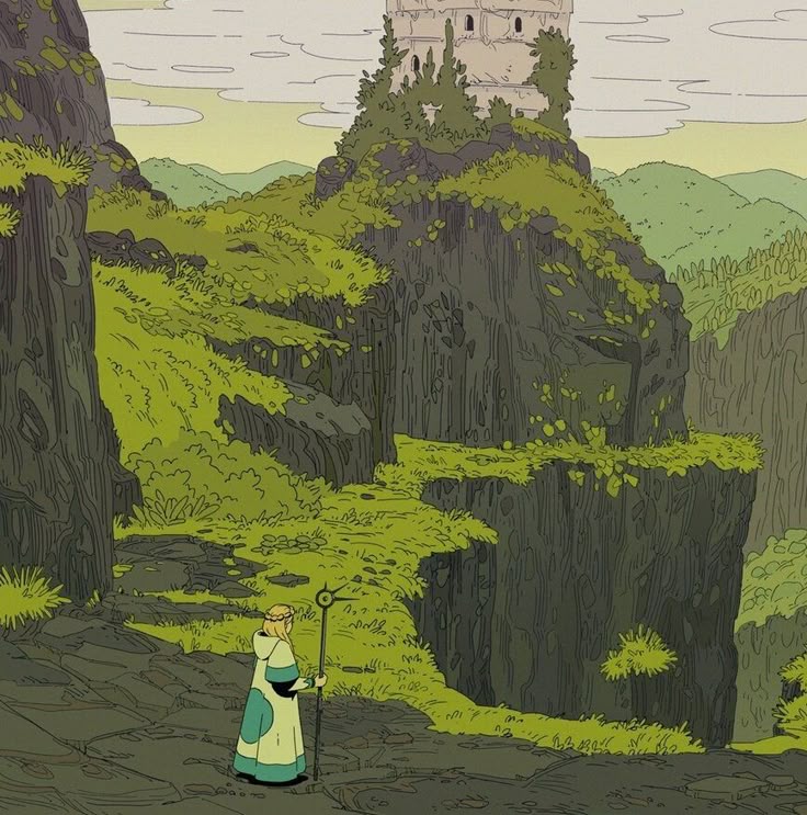 a woman in a hooded cloak and holding a staff stands on a stone path leading up to a mosscovered cliff with a tower on top. the landscape includes mountains, a valley, and abundant vegetation. the style is illustrative and cartoonish, suggesting a fantasy or adventure setting.
