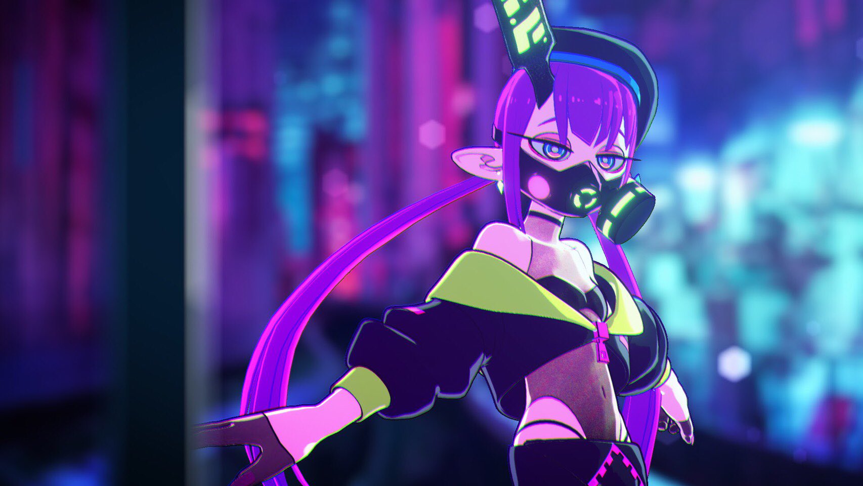 a purplehaired anime girl with horns and a gas mask stands in a futuristic, neonlit city.  she wears a black and yellow outfit with a cropped jacket, and her pose suggests confidence and a rebellious spirit.  the city behind her glows with vibrant pinks, purples, and blues, creating a visually striking contrast.