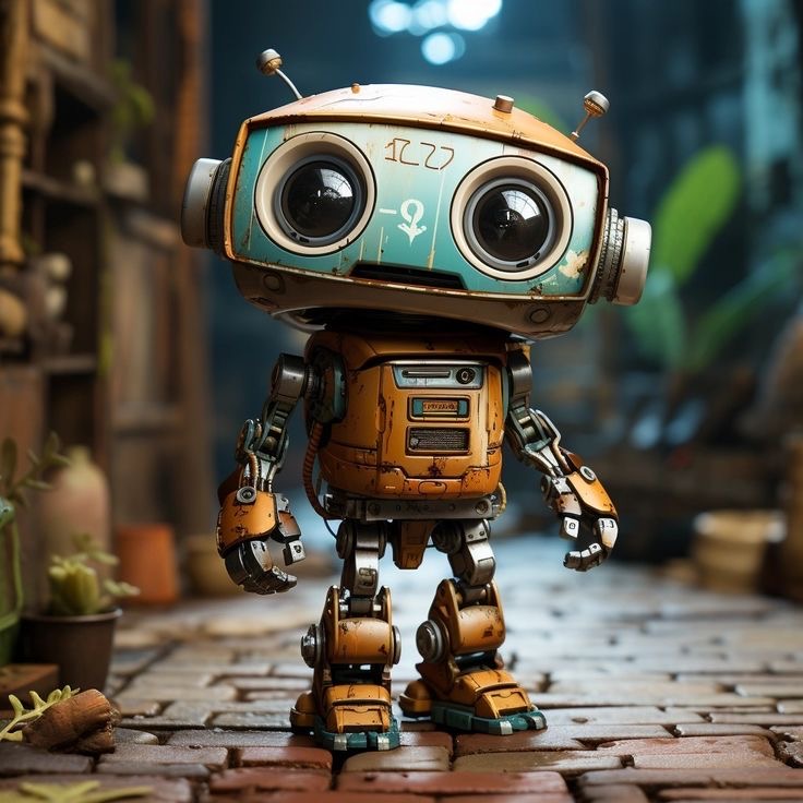 a small, rusted robot stands on a cobblestone street. the robot has a rounded head with two large, black eyes, a turquoise face, and a rusty, orange body. its limbs are made of metal and are partially covered in rust. the robot is facing the viewer with its arms outstretched. the background is a blur of rustic buildings and greenery. the robot looks like it could be a character from a science fiction film or video game.