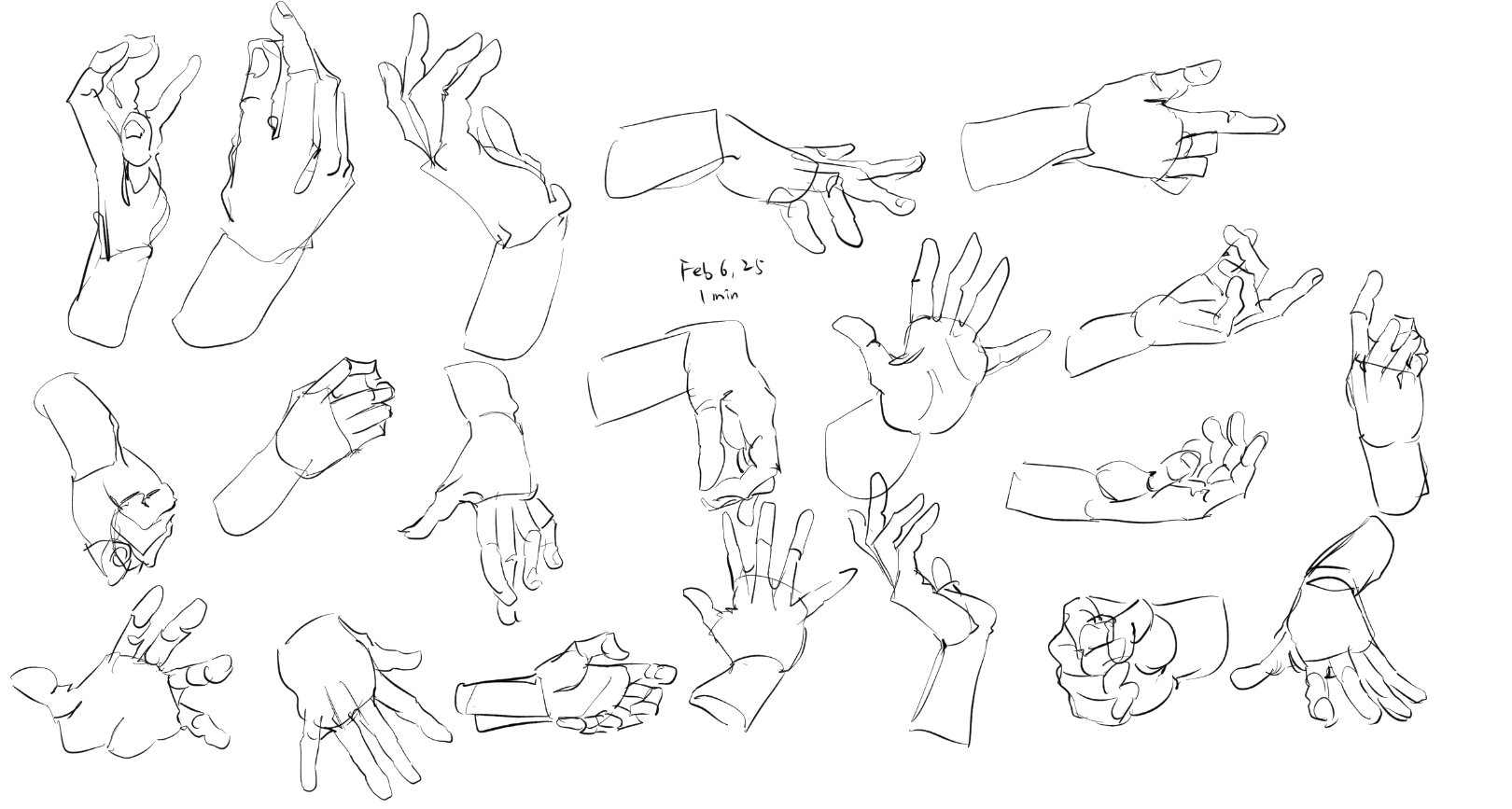 the image is a collection of numerous black and white sketches of human hands in various poses and angles. the sketches are drawn in a minimalist line art style, emphasizing gestures and contours rather than intricate details. the hands are depicted in a variety of positions, including open palms, clenched fists, pointing fingers, and grasping motions. these drawings appear to be part of an anatomical study or a practice session for figure drawing, focusing specifically on the complexities and expressiveness of hand gestures. the collection includes studies from various angles and perspectives, such as side views, frontal views, and topdown views, offering a comprehensive exploration of hand anatomy and posture.