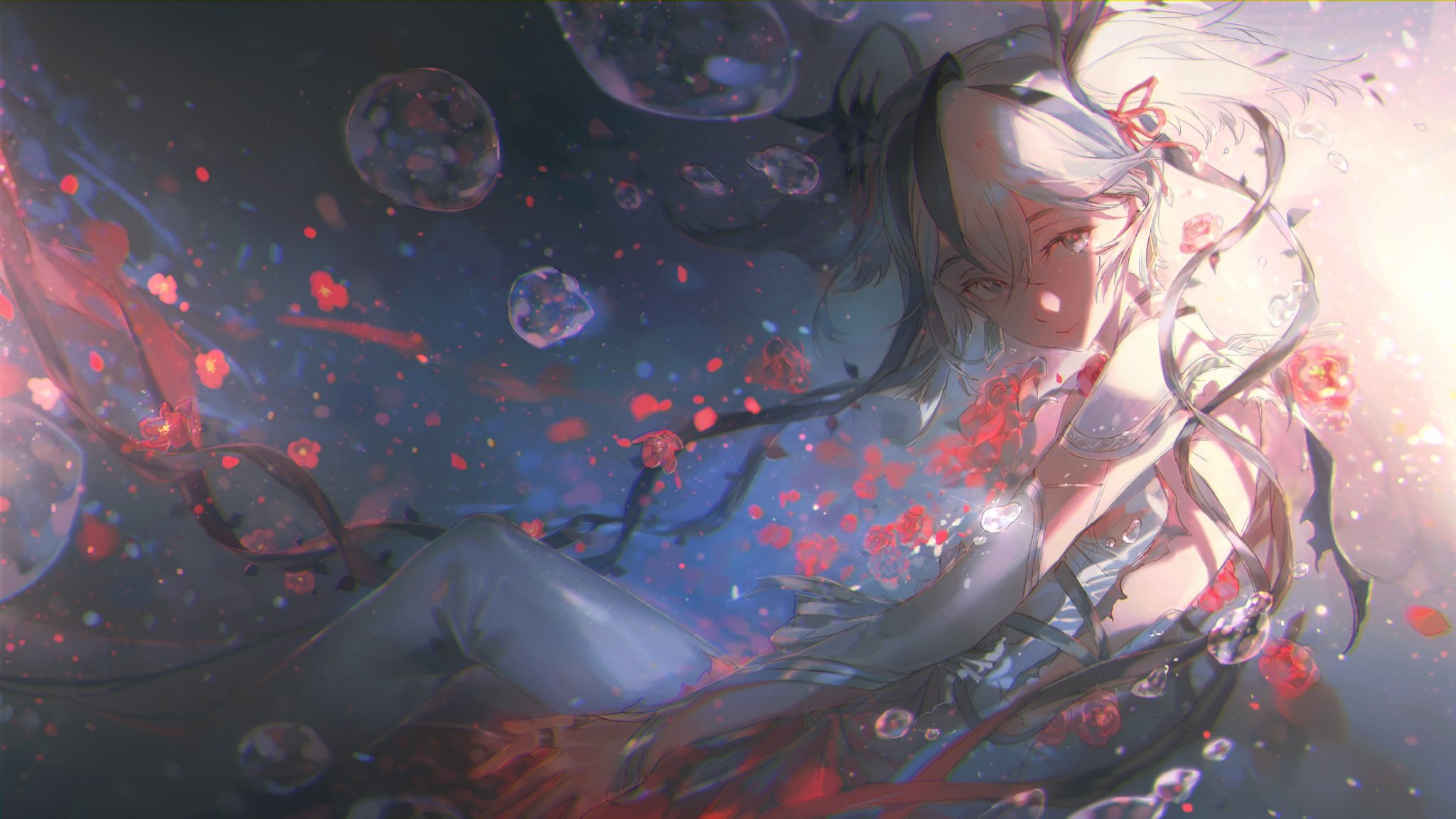 the image is an animestyle illustration of a woman with white and grey hair, sitting in what appears to be a watery environment. bubbles and red flowers surround her. a ribbon is woven throughout the scene. the lighting is soft, giving the image a dreamy feel. the background is dark, which makes the woman and the surrounding elements stand out. she's wearing a dress and appears to be floating or immersed in the water.