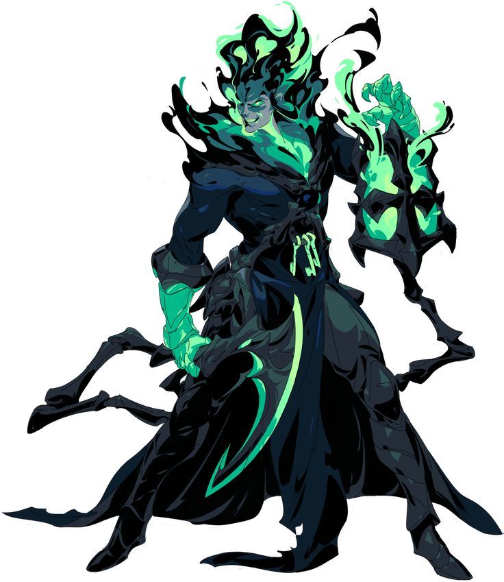 the image showcases detailed artwork of zied, a character from the fighting game guilty gear strive.  he's depicted in a dynamic pose, exuding power and menace. zied is predominantly clad in dark robes, accented with vibrant neongreen flames and energy effects emanating from his body and weapon (a scythe). his expression is fierce and confident. the art style is stylized and dynamic, characteristic of modern fighting game character design.  the background is entirely white, making the character the focal point.