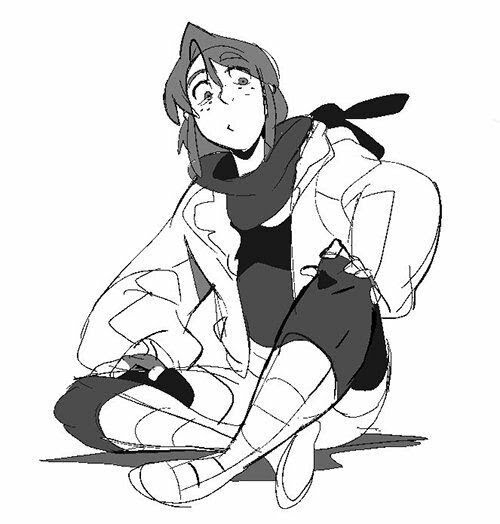 a handdrawn sketch of an anime girl sitting with one leg crossed over the other. her left arm is extended, and her hand is resting on her lap. her right hand is curled up and resting near her chest. she is wearing a longsleeved jacket, and her hair is pulled back in a ponytail. she has a bandana on her head and a casual look to her attire. the drawing is done in black and white and appears to be a quick sketch.