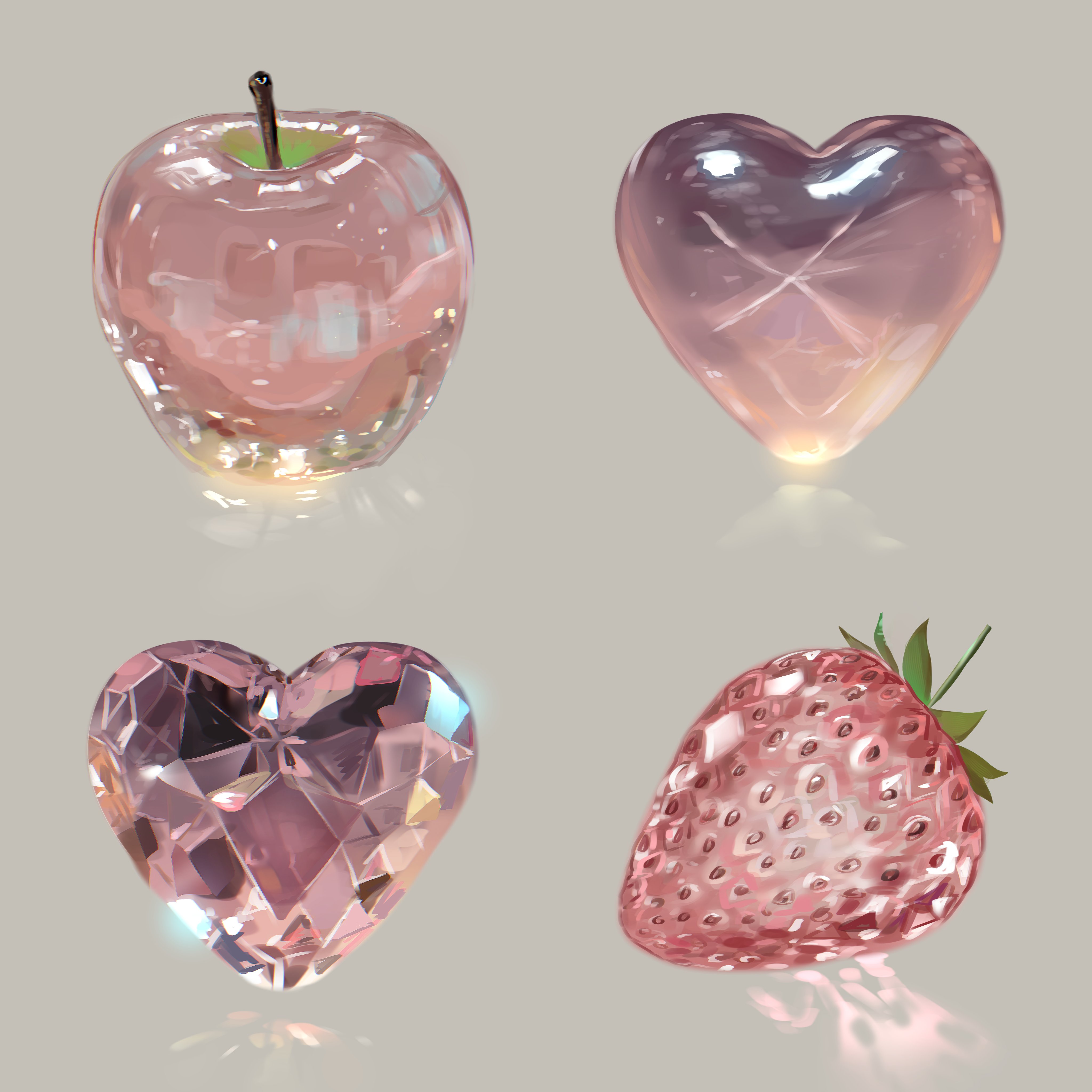 the image shows four illustrations of fruit and heart shapes, rendered with a crystal or glasslike texture. clockwise from the upper left: an apple, a heart with internal etched lines, a strawberry, and a diamondfaceted heart. all have pink tones and shiny, translucent qualities. they are set against a grey background, with reflections beneath them.