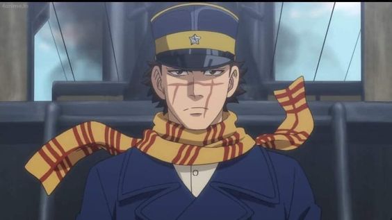 a portrait of an anime character on what appears to be a train. the character is a man with scars on his face. he is wearing a military uniform with a hat and a scarf. his expression is serious.