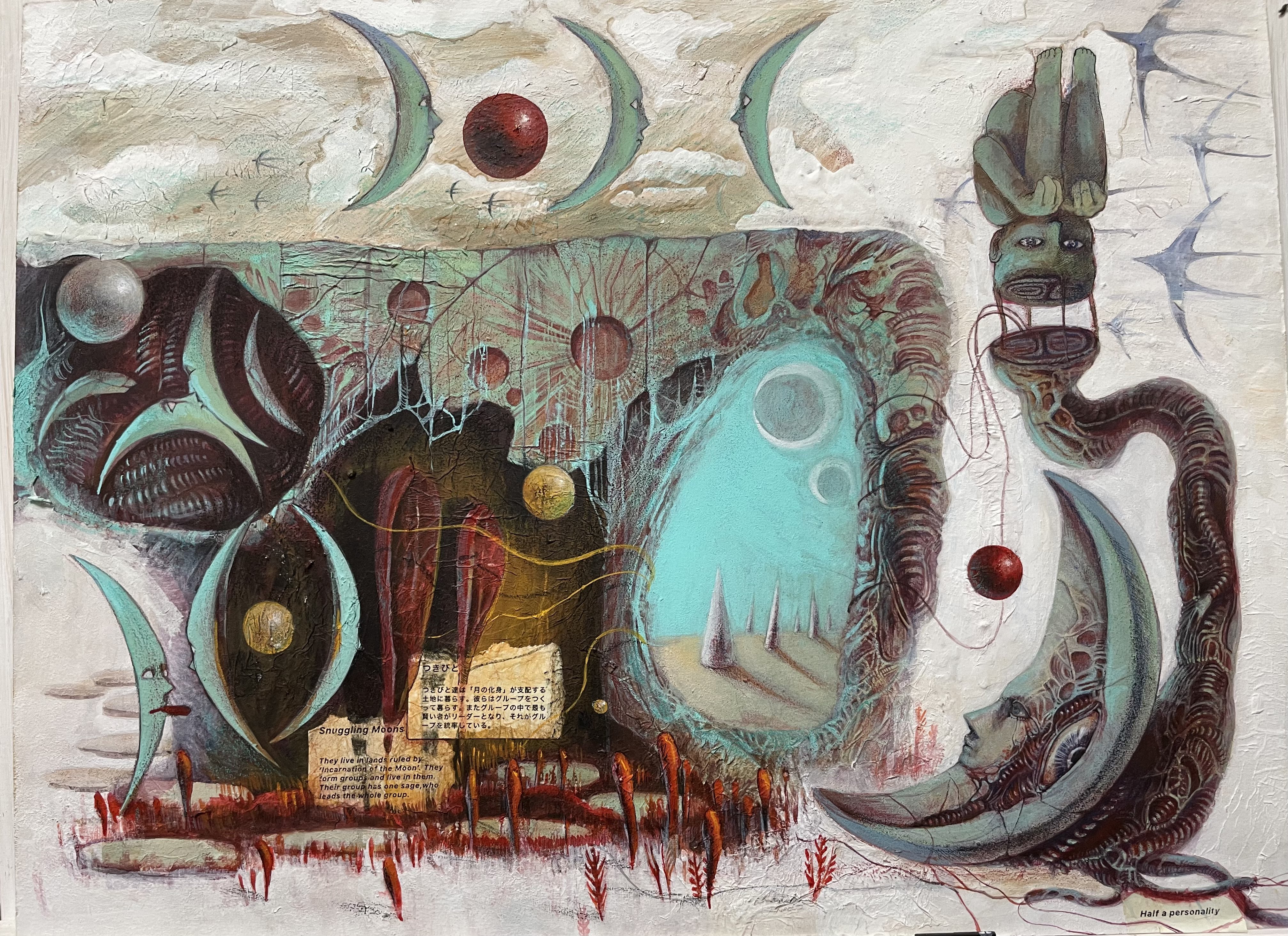 the image is a vibrant and intricate surreal painting that blends elements of fantasy, science fiction, and abstract expressionism. the artwork is rich with detail, featuring a variety of organic and cosmic forms intertwined.  there are multiple crescent moons, planets, and stars scattered across the canvas.  alienlike creatures and structures populate the scene, with a central figure appearing as a being partly incorporated into a crescent moon. a teal colored cavernlike opening reveals a landscape with tall, slender structures in the distance. the artist utilizes a variety of textures and colors, creating a dreamlike and mysterious atmosphere.  a small piece of text is present, adding a narrative element that's not entirely clear. the overall effect is one of wonder, strangeness, and a complex, interwoven story told through the imagery.