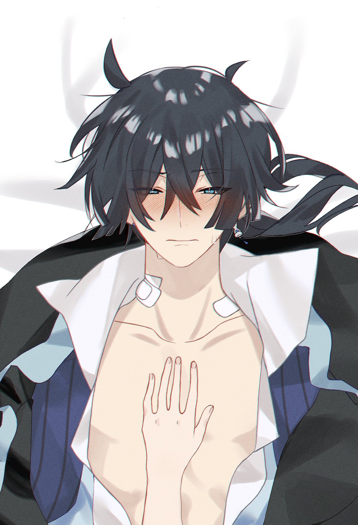 a young anime male character is shown in a closeup portrait. he has black hair and blue eyes and appears sad and is likely crying. he is wearing a white shirt that is open at the chest revealing bandages. his left hand is holding his chest. the background is blurred. the drawing style is that of a digital art illustration.