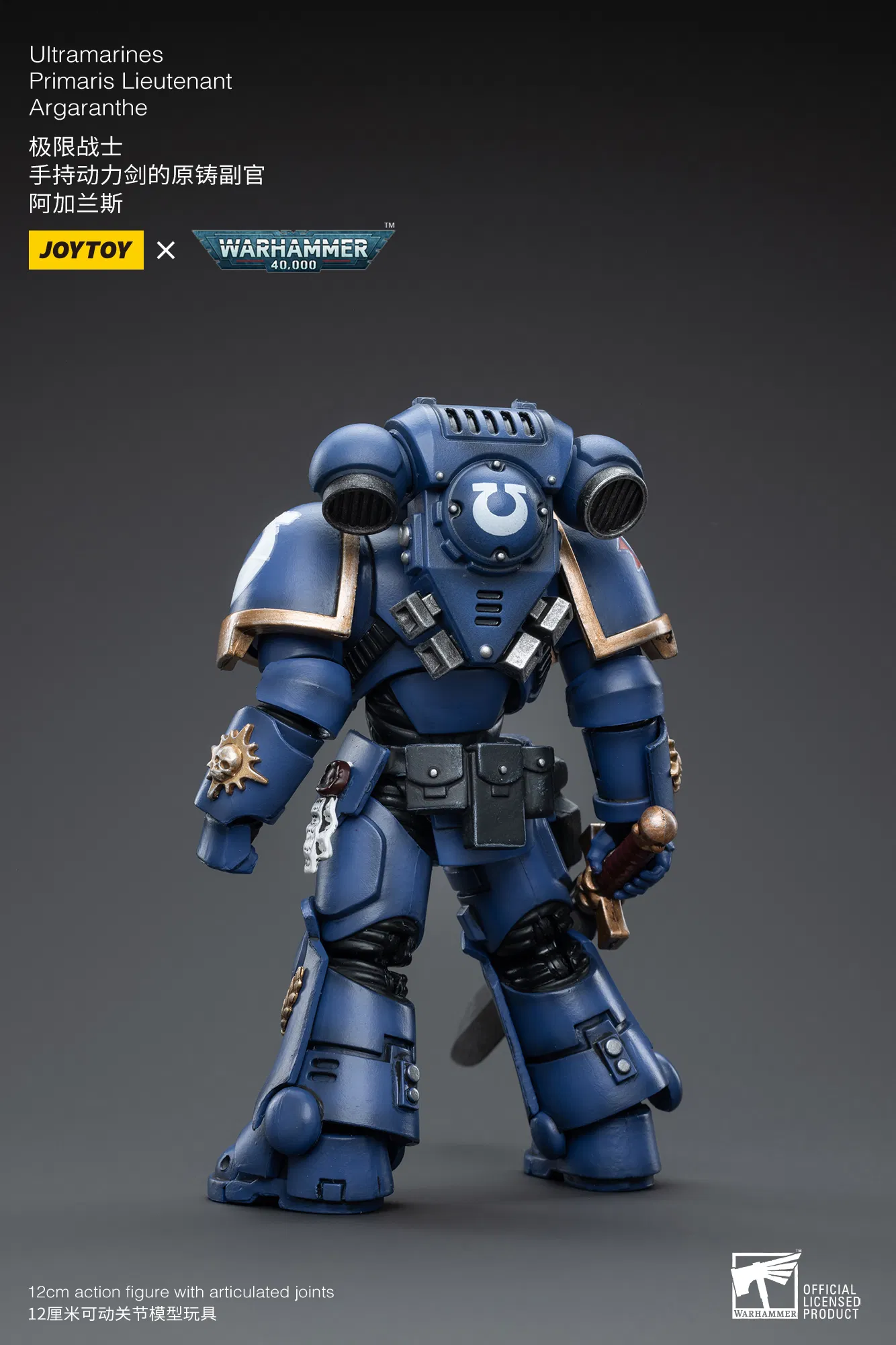 a 12cm action figure of an ultramarines primaris lieutenant named argaranthe. he is holding a power sword and is posed in a dynamic, actionready stance. the figure is made of plastic and has articulated joints, allowing for a wide range of poses. it is based on the warhammer 40,000 universe and is part of the joytoy line of action figures. the figure is highly detailed and painted in the distinctive blue and gold colors of the ultramarines chapter.  the figure is part of the warhammer 40,000 universe. the figure is a collectible item that would be appreciated by fans of the warhammer 40,000 universe.