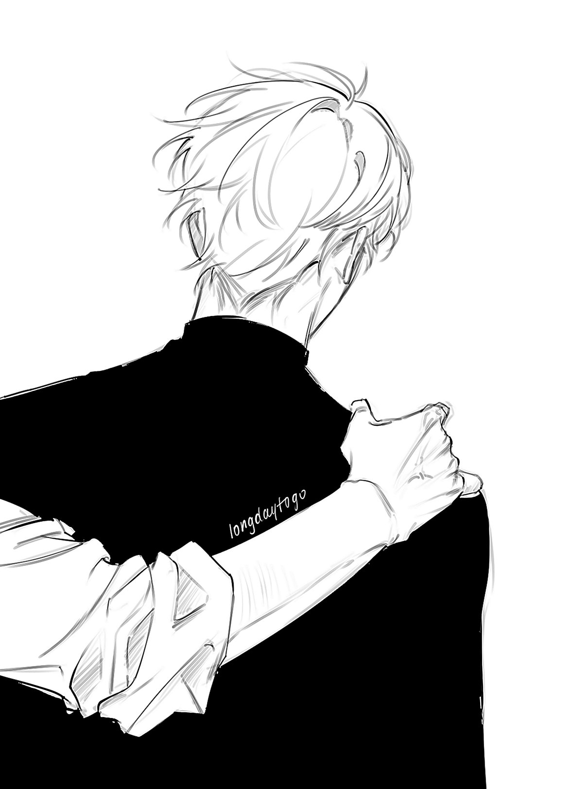the image is a black and white sketch or drawing in an anime/manga style.  it depicts a person from behind, with short, slightly messy hair, being hugged from the side by another person whose face and body are partially obscured. the hug is gentle and comforting, suggesting a close relationship between the two. the style is expressive and emotional, using minimal lines to convey a feeling of intimacy and support. the overall tone is tender and peaceful. the artist's signature or watermark, "longdaytogo," is subtly visible in the midsection of the image.