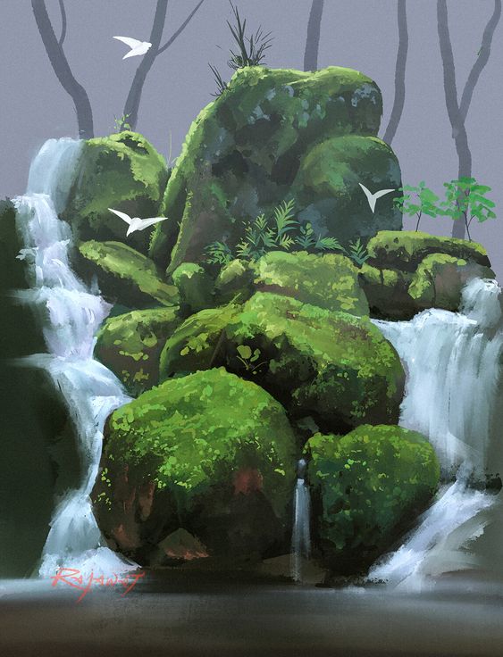 this digital painting depicts a serene waterfall cascading over mosscovered rocks in a forest setting.  the scene is shrouded in soft, diffused light, creating a tranquil and atmospheric mood. three white birds are seen flying near the falls, adding to the sense of peace and movement. the color palette is dominated by various shades of green, capturing the lushness of the mossy rocks and surrounding forest.