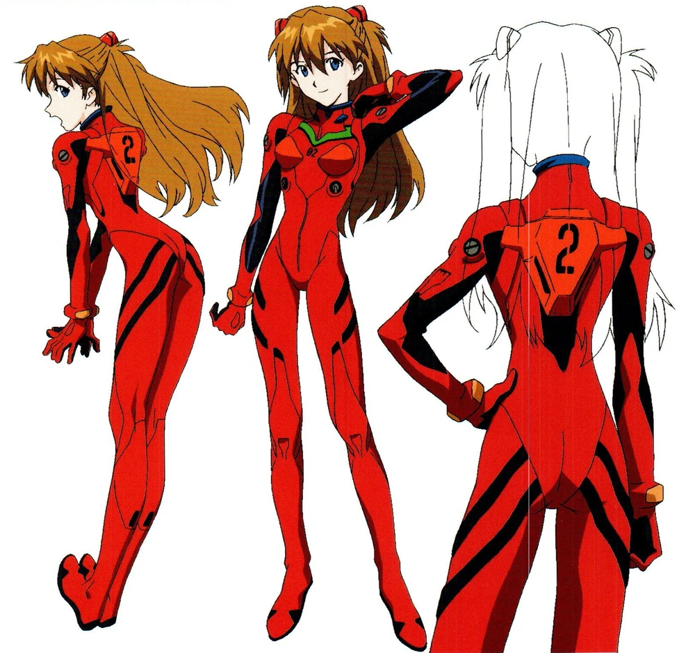 this image shows a character from the anime series neon genesis evangelion. the character is wearing a red and black suit, with a number two on the back. the character has long hair and is in a variety of poses. there are three different views of the character.