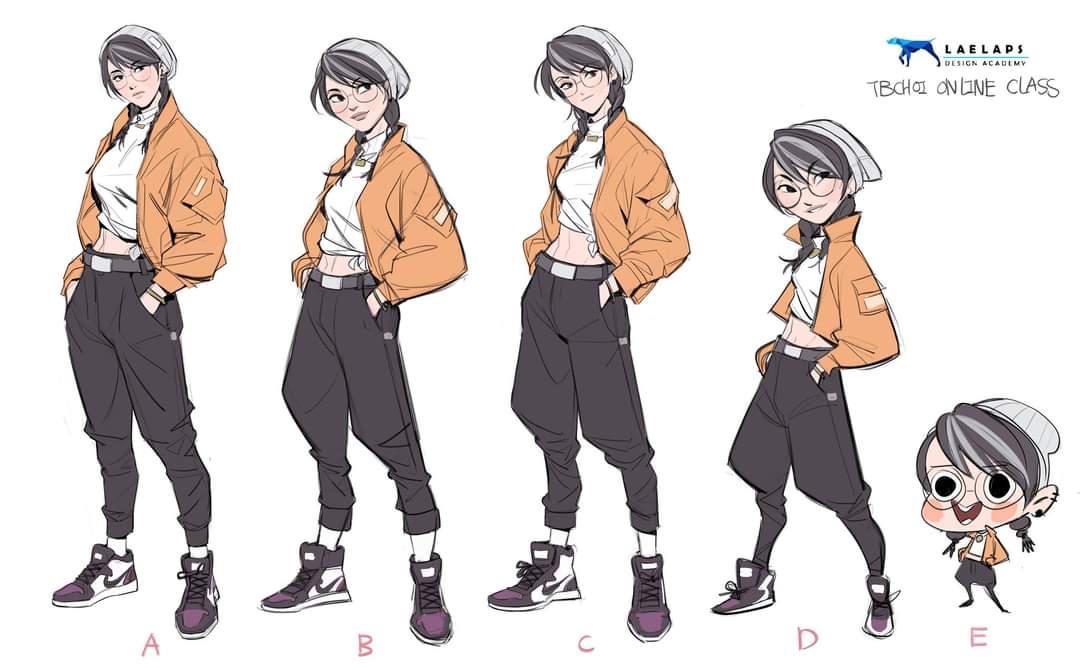 the image showcases five variations of a female character design, likely concept art for animation or illustration.  the character consistently features a casual streetwear style including an orange jacket, dark pants, a beanie, and sneakers.  the poses and slight stylistic differences (particularly in the character's build and facial features) across the five drawings illustrate exploration of different approaches to the character's presentation.  a smaller, chibistyle version of the character is also included at the far right. the image includes a watermark indicating it's from a tb choi online class at the laelaps design academy.  letters ae label each character variation for reference.