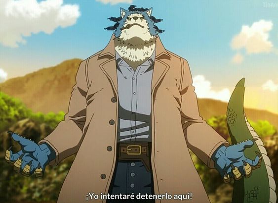 a tall, anthropomorphic wolf stands with his arms outstretched against a backdrop of a mountainous landscape. he is wearing a brown trench coat and blue jeans. the sky is blue with some white clouds.