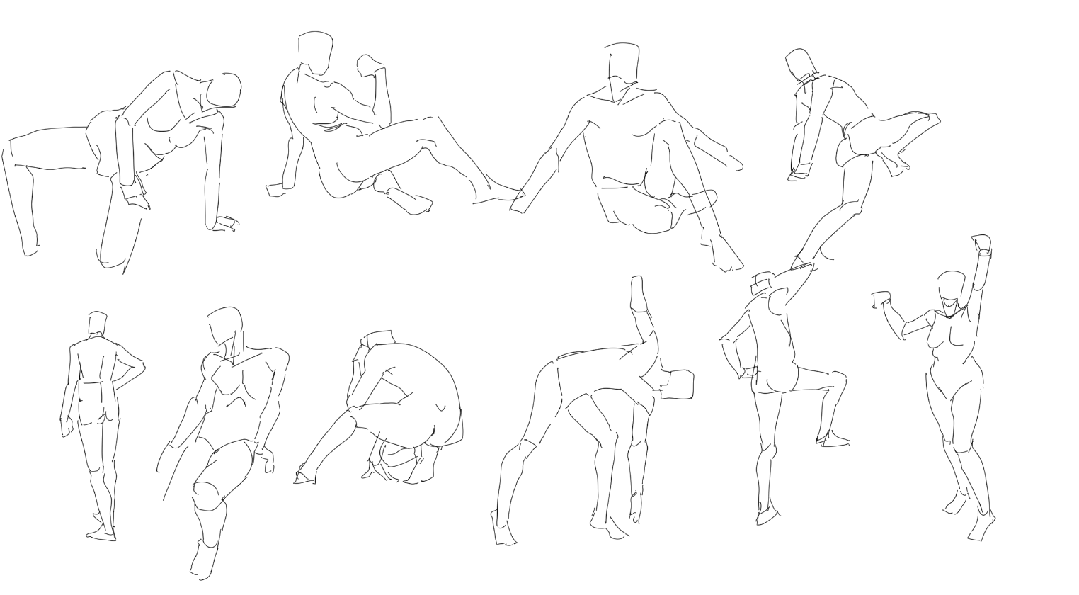 this image shows a collection of twelve figure drawings. they are drawn in a loose, gestural style with simple lines, capturing a variety of dynamic poses. the figures are not detailed, focusing on overall form and movement rather than specific features.