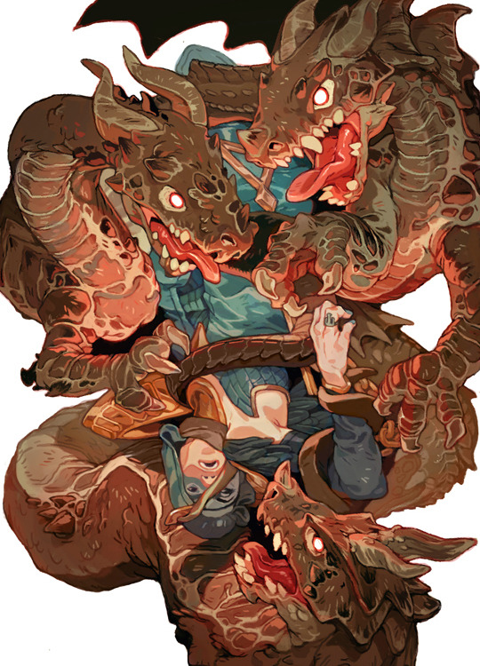 this image is a digital illustration of a fantasy scene depicting a ferocious battle between three dragons and a human female. the female is trapped in the midst of the three dragons, who are attempting to devour her. the three dragons are all winged and have red eyes, sharp teeth, and claws. they are colored in shades of brown, red, and orange.  the female has long dark hair and blue eyes and is wearing blue clothing. the background is white. the overall tone of the image is dark and violent, suggesting a fight to the death.
