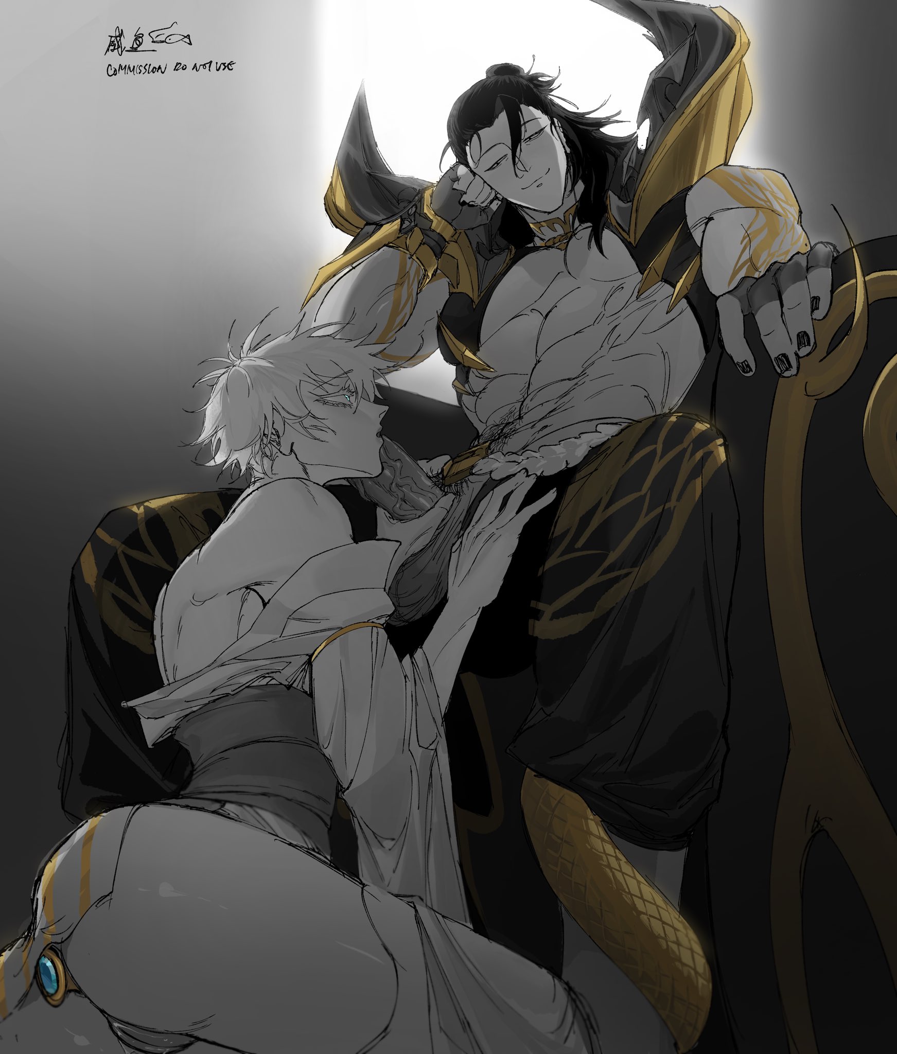 he image is a piece of digital fanart depicting two men in an intimate embrace. the style is reminiscent of anime or manga, with a grayscale palette accented by gold details. the characters are handsomely drawn, one appearing regal and muscular in dark clothing with gold accents, while the other is more slender, wearing lighter clothing.  they are positioned as if on a throne, suggestive of a power dynamic. the overall mood is sensual and suggestive but not explicit. the artwork is highly detailed and shows a skill in depicting anatomy and clothing folds. the piece is labeled as a commission.