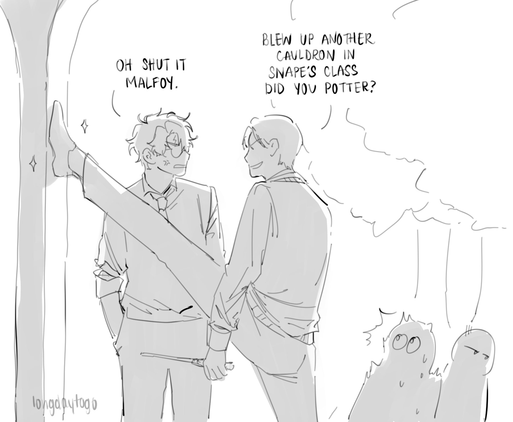 he image is a black and white fanart depicting a humorous scene from the harry potter universe.  two characters, seemingly draco malfoy and harry potter, are shown interacting. malfoy is leaning against a wall with his leg extended high, while potter stands facing him.  a speech bubble above potter asks malfoy if he blew up another cauldron in snape's class.  malfoy replies with a dismissive "oh shut it, malfoy."  in the background, two small, whimsical creatures are present. the art style is reminiscent of manga or webtoon, with loose, expressive lines and shading.  the overall mood is lighthearted and playful.
