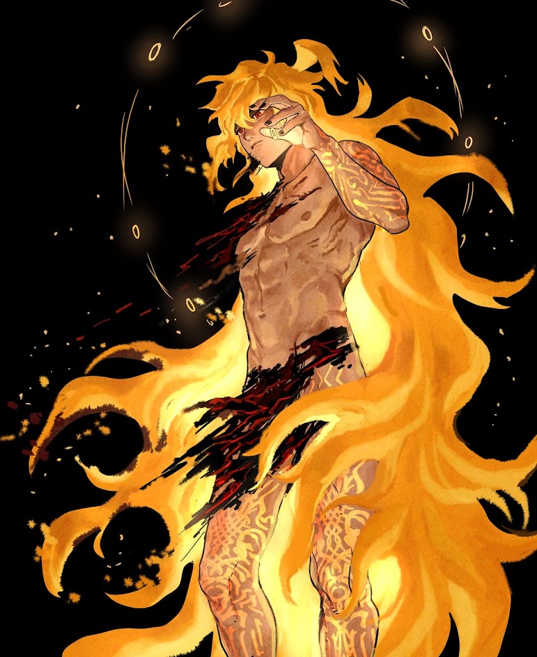 a male figure, with long, golden yellow hair, and a body full of intricate tattoos, is wrapped in and emanating flames.  the man's body is scarred and partially ripped open, the inside of his chest is glowing and bloody. the background is dark with  golden fire, and the figure's hands are up by his face as if in pain or holding something.  the image is beautifully crafted with bold, contrasting lines and colors.