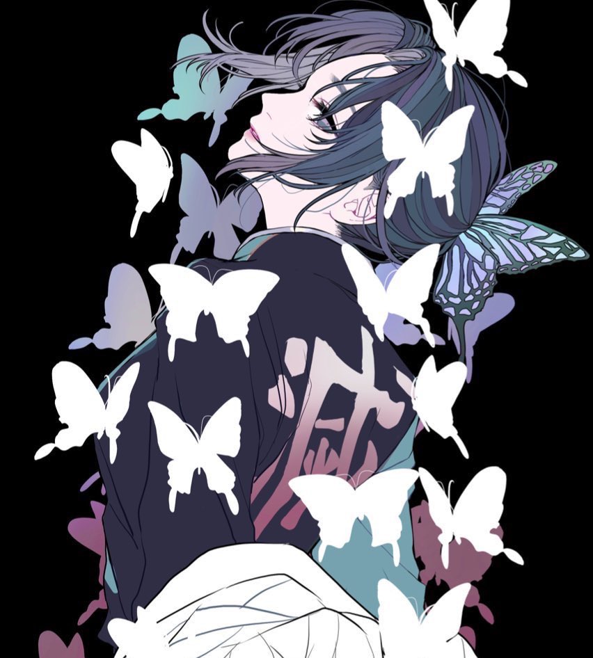 the image is an animestyle illustration of a girl with dark hair, seen in a side profile, surrounded by butterflies against a black background. she is wearing a kimono with a gradient of colors, including purple and blue. some of the butterflies are white, while others have purple and blue hues.