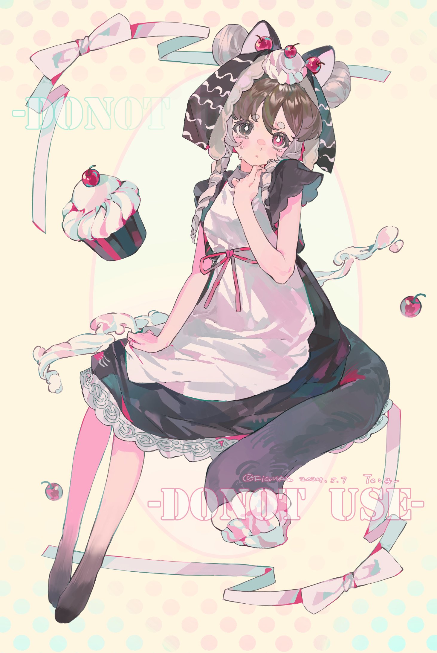 an anime girl is depicted in a digital painting. she wears a maid outfit with a white apron and a black and white dress. the dress has lace trim. she has black and white headwear adorned with cherries. a cupcake with a cherry on top floats beside her. ribbons are floating around her. the background is a pastel yellow with polka dots. the words "do not use" are written across the image.